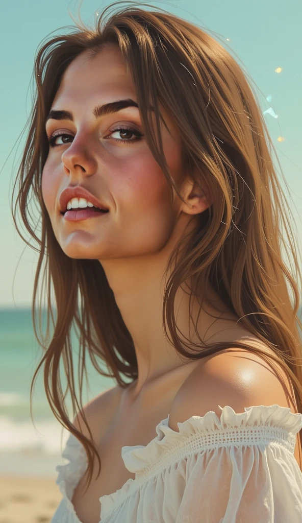 Photorealistic portrait of an 1 American girl with long, flowing brown hair and striking green eyes. She should have a natural, approachable expression and be lit by the soft light of a golden sun. The background should be a picturesque outdoor setting, such as a sunny beach or something with the outfit you want.