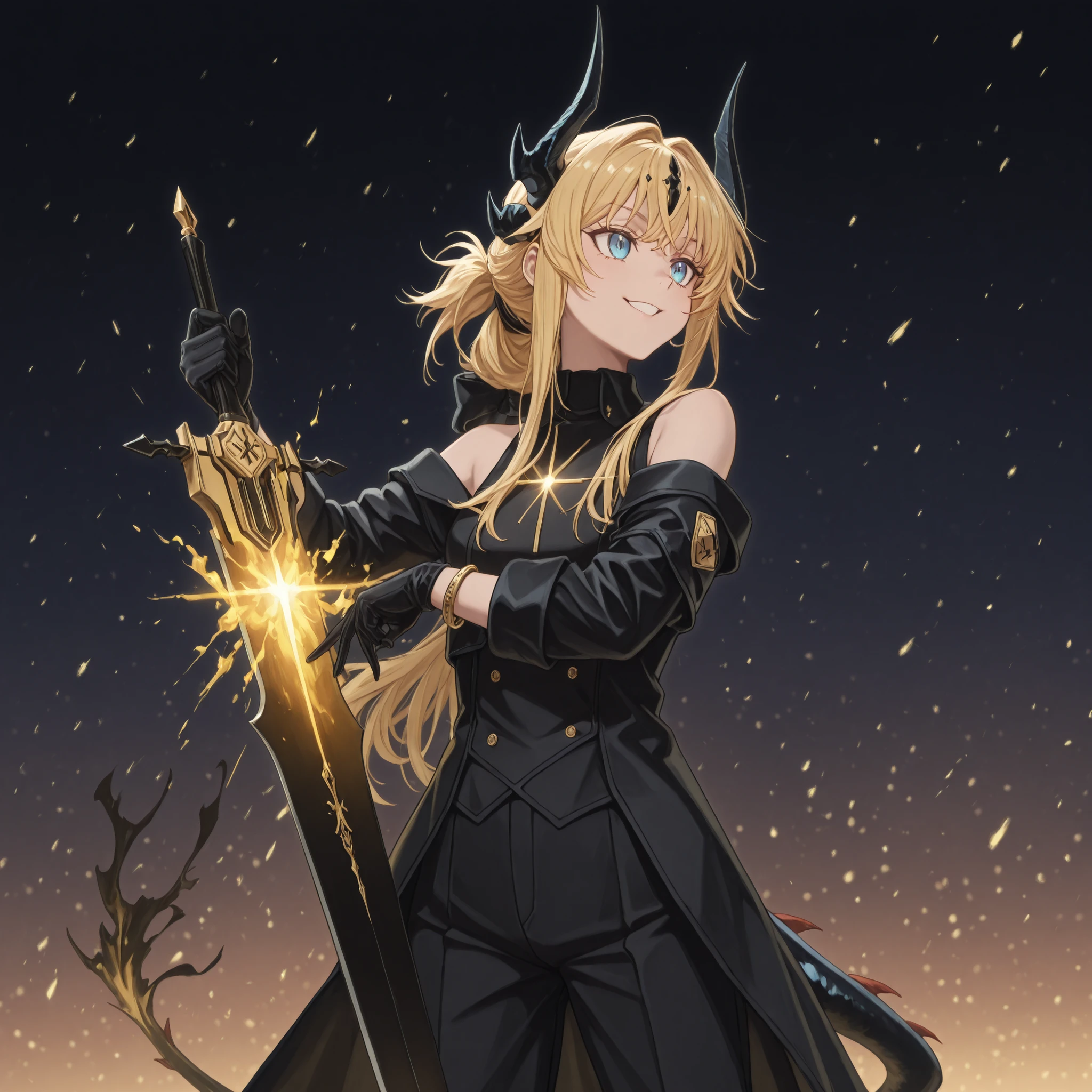 Solo, 1 ,  Young character, personagem, body like that of Lloyd de Saloum in "Tensei Shitara Dai Nana Ouji Dattanode", male character, male character, short stature,  Young character, , Young boy;

blond hair, the character's hairstyle must be the same as Alice Zuberg's from "Sword Art Online", hair tied in a ponytail, Long FRINGE, black horns like Reed The Flame Shadow of "Arknights", cauda preta, completely black tail, golden flame on the tip of the tail;

The character's face must be the same as that of Lloyd de Saloum of "Tensei Shitara Dai Nana Ouji Dattanode", flashy blue eyes, provocative face,  provocative smile , rosto jovem, perfect and beautiful, body like Saloum's with "Tensei Shitara Dai Nana Ouji Dattanode";

Perfect Anatomy, the character's tail must be that of a dragon and must be black (com uma golden flame on the tip of the tail), tail with golden flame at the tip, They must be black;

Arms covered by black gloves up to half the height of the biceps, gold bracelet at the end of the glove, gold bracelet on the wrists, hands with claws,  black arms , arms with gold details, golden flame on the tip of the tail, cauda preta;

Black coat like Reed at "Arknights", long coat, black military clothing with gold details,  black pants, tactical combat uniform attached to the body, exposed arms;

holding a black sword with gold details, black blade, gold ornaments on the sword, divine and beautiful sword, greatsword, futuristic sword (sword size reference: Dragon Slayer by Guts with "Berserker";

Fundo preto, striking pose, jacket looking at the observer;

flashy pose, exposed shoulders and head, near the face, looking at the character, jacket looking at the observer, cara a cara,  provocative smile , confident and low,  Young character;
