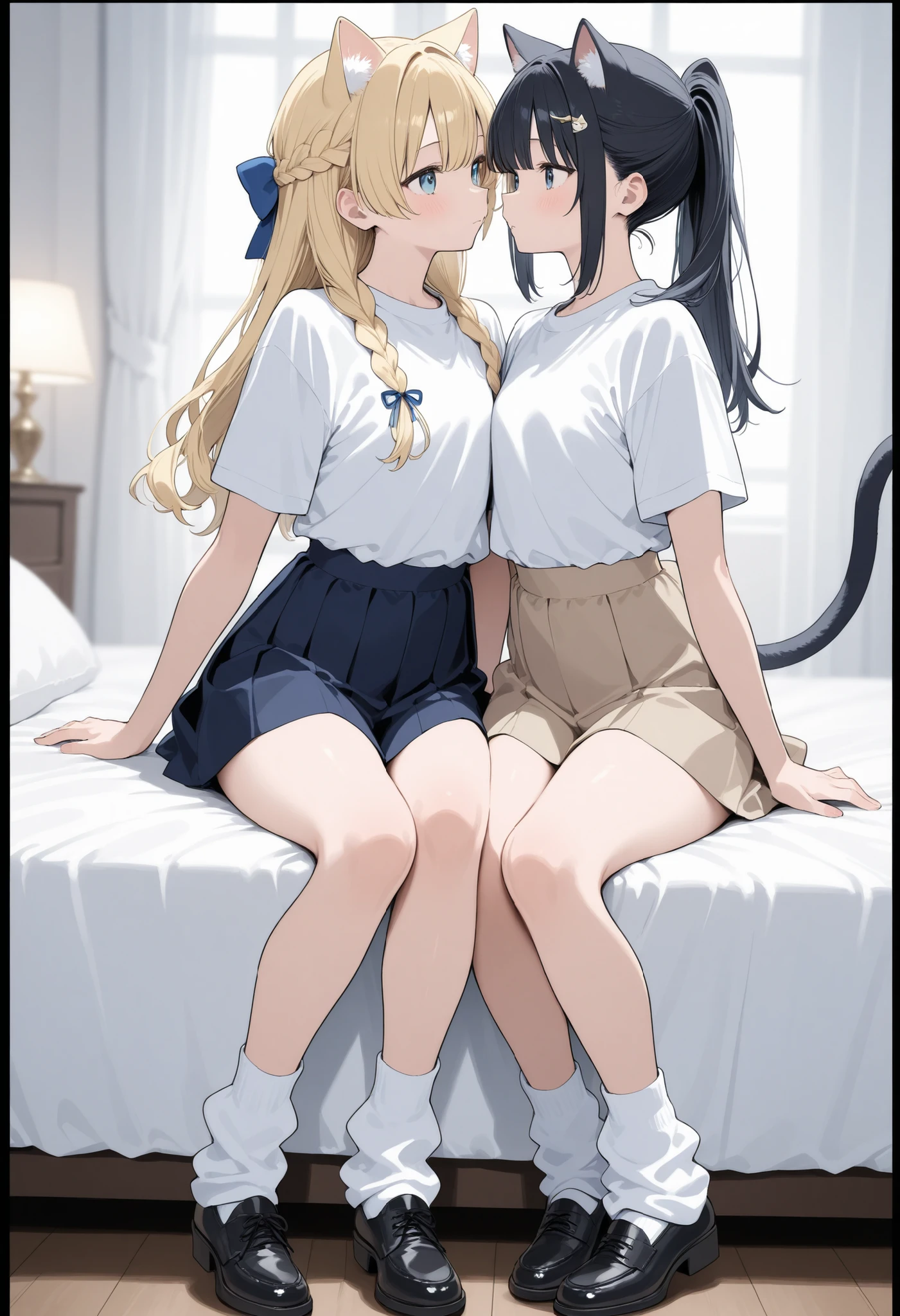 Blonde Cat Ears、bob cut blonde hair、 braids on both sides、2 Girls、2 bodies、