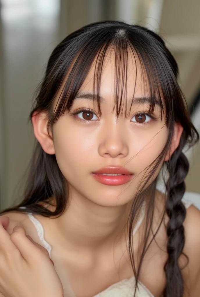 (((Extremely detailed、Ultra-high resolution、masterpiece、Highest quality)))、顔のUltra-high resolutionクローズアップ、long, straight black hair、So that every single hair is clearly visible、The subtle color changes of hair depending on how the light hits it、 The skin is white and smooth、Skin has a natural glow、Fine skin texture、Representing the fine details of pores、Details of the light redness on the forehead and cheeks、The eyes are almond-shaped and dark brown.、Eyes with fine iris details、The eyes depict color gradations and patterns.、Long, natural-looking eyelashes, each and every one visible、Well-groomed eyebrows、眉毛のindivual々The hair is clearly visible、Light reflecting off into the eye、The light in the eyes creates small highlights、The nose is delicate、Fine detail on the nostrils、Lips are plump and naturally pink、Depicts the fine lines and soft curves of the lips、lips are shiny and、The gloss on your lips accentuates their shape.、(((Detailed depiction of lip texture、Particular attention to the depiction of light and shadow、Soft natural light gently illuminates the face from the front、A faint glow on the forehead、A slight shine on the nose、A slight glow on the cheeks、Shadows are cast softly along the contours of the face、Accentuate the sides of your cheekbones、Accentuate the sides of the jawline、Emphasize the sides of the nose、The gloss on her lips reflects the light faintly、Lips emphasize the plump texture、The shadow of the hair gives depth and dimension、indivual々The hair shines in the light、The background is simple and blurred.、Focus on the face