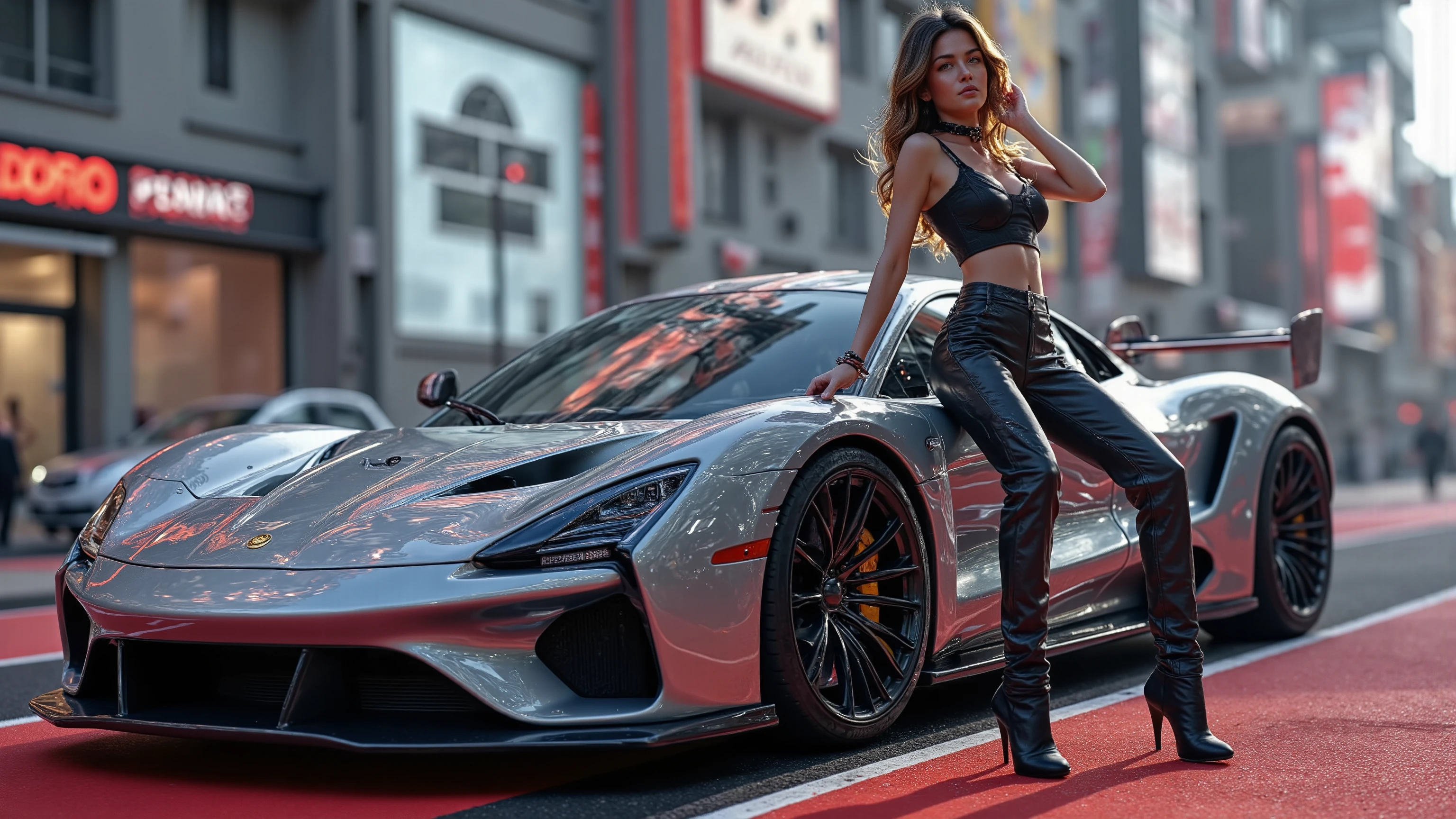 A female is standing in a cyberpunk city wearing a futuristic outfit near a cyberpunk sports car at night. Autumn, wind, horizon, sharp light and shadows, cityscape, panorama. She has an highly defined body, highly defined muscles, extremely detailed realistic natural skin with skin pores, shiny skin, perfect hands, perfect eyes, ultra detailed body, ultra detailed face, ultra detailed feet, ultra detailed hands, ultra detailed eyes. Breathtaking attention to details, neon lights, RAW photo, photorealistic, masterpiece, award winning, Beauty and Aesthetics, ray tracing, UHD, DSLR, 16K, HDR, photorealistic, cinematic, high contrast, vivid colours, soft colours, dull colours, soothing tones, fine details and textures.
