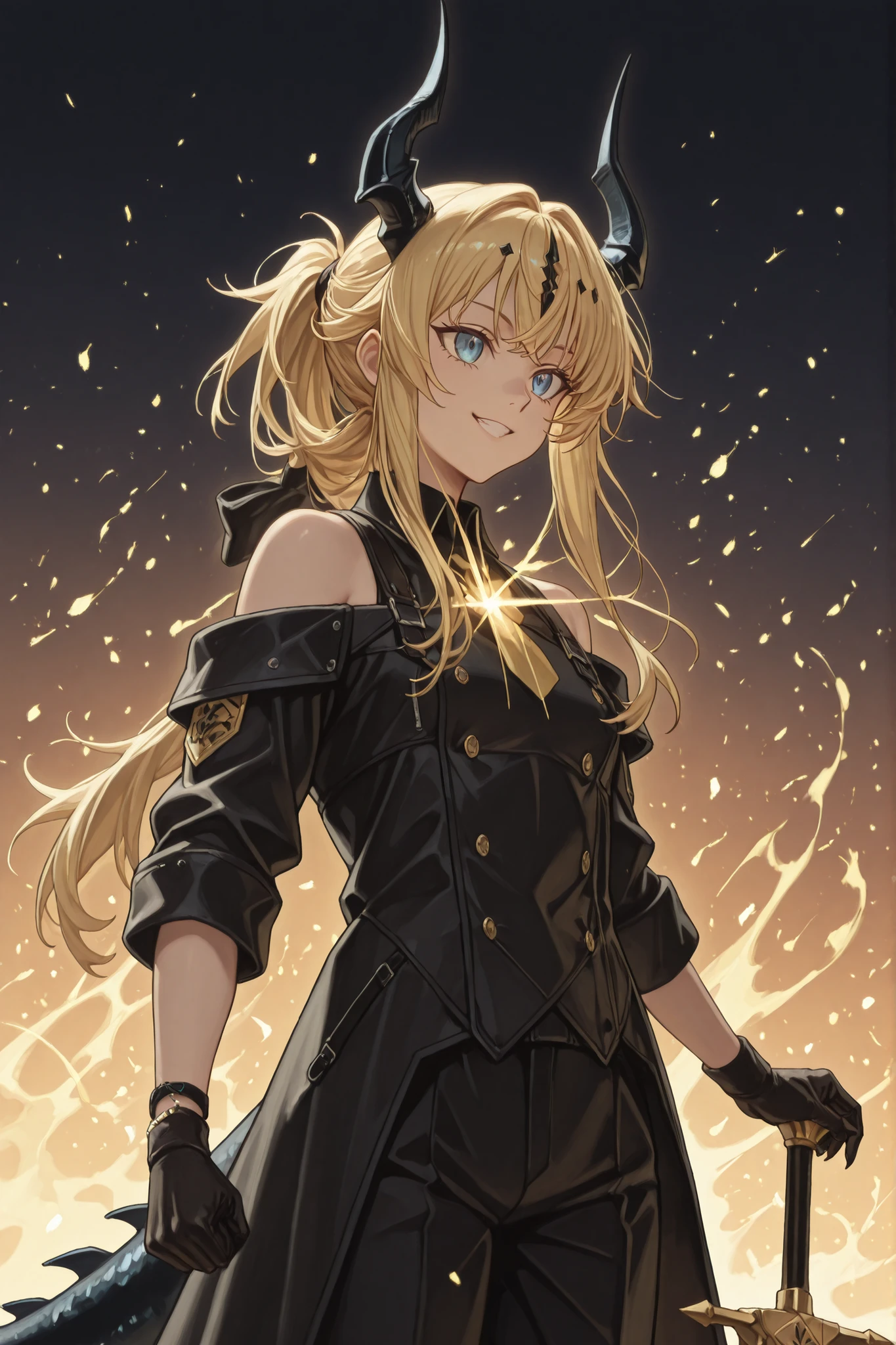 Solo, 1 , Young character, personagem, body like that of Lloyd de Saloum in "Tensei Shitara Dai Nana Ouji Dattanode", male character, male character, short stature, Young character, , Young boy;
blond hair, the character's hairstyle must be the same as Alice Zuberg's from "Sword Art Online", hair tied in a ponytail, Long FRINGE, black horns like Reed The Flame Shadow of "Arknights", cauda preta, completely black tail, golden flame on the tip of the tail;
The character's face must be the same as that of Lloyd de Saloum from "Tensei Shitara Dai Nana Ouji Dattanode", flashy blue eyes, provocative face, provocative smile , rosto jovem, perfect and beautiful, body like Saloum's with "Tensei Shitara Dai Nana Ouji Dattanode";
Perfect Anatomy, the character's tail Of a dragon and must be black (com uma golden flame on the tip of the tail), tail with golden flame at the tip, They must be black;
Arms covered by black gloves up to half the height of the bicep, gold bracelet at the end of the glove, gold bracelet on the wrists, hands with claws, black arms , arms with gold details, golden flame on the tip of the tail, cauda preta;
Black coat like Reed at "Arknights", long coat, black military clothing with gold details, black pants, tactical combat uniform attached to the body, exposed arms;
holding a black sword with gold details, black blade, gold ornaments on the sword, divine and beautiful sword, greatsword, futuristic sword (sword size reference: Dragon Slayer by Guts with "Berserker";
Fundo preto, striking pose, jacket looking at the observer;
flashy pose, exposed shoulders and head, near the face, looking at the character, jacket looking at the observer, cara a cara, provocative smile , confident and low, Young character;