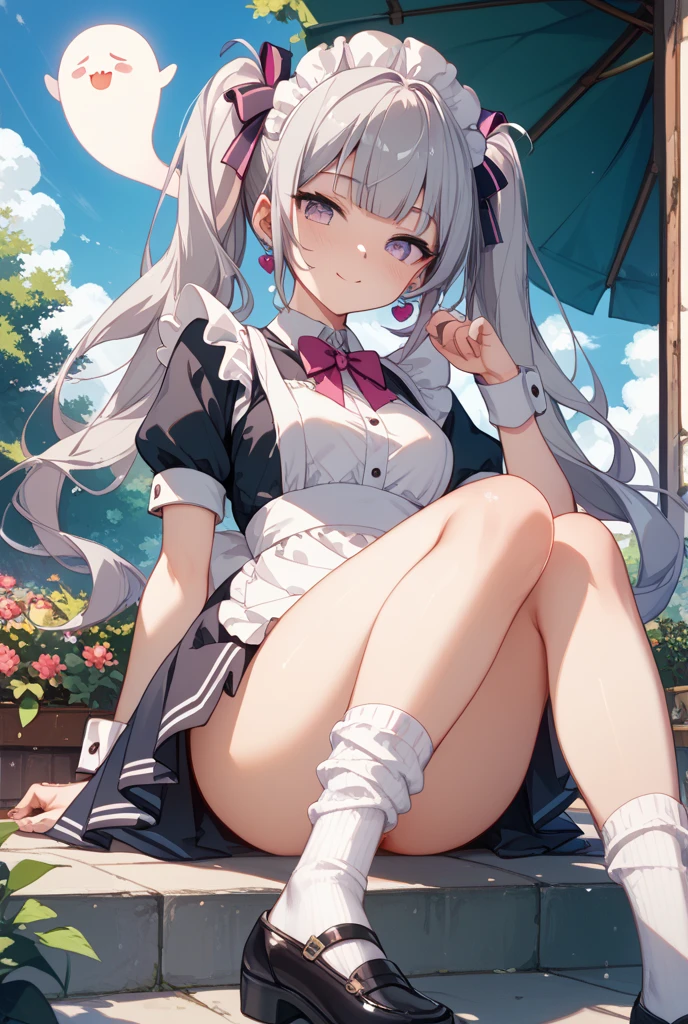 Wearing a dark pink vest layered on a short-sleeved blouse Skirt in the same color as the vest Light blue and pink eyes Thin silver hair Long hair White knee-high socks with blue ribbon and small pink flowers in her hair cute little Dark pink ribbon on the chest Lori Posing cutely light skinned Angle from top bun