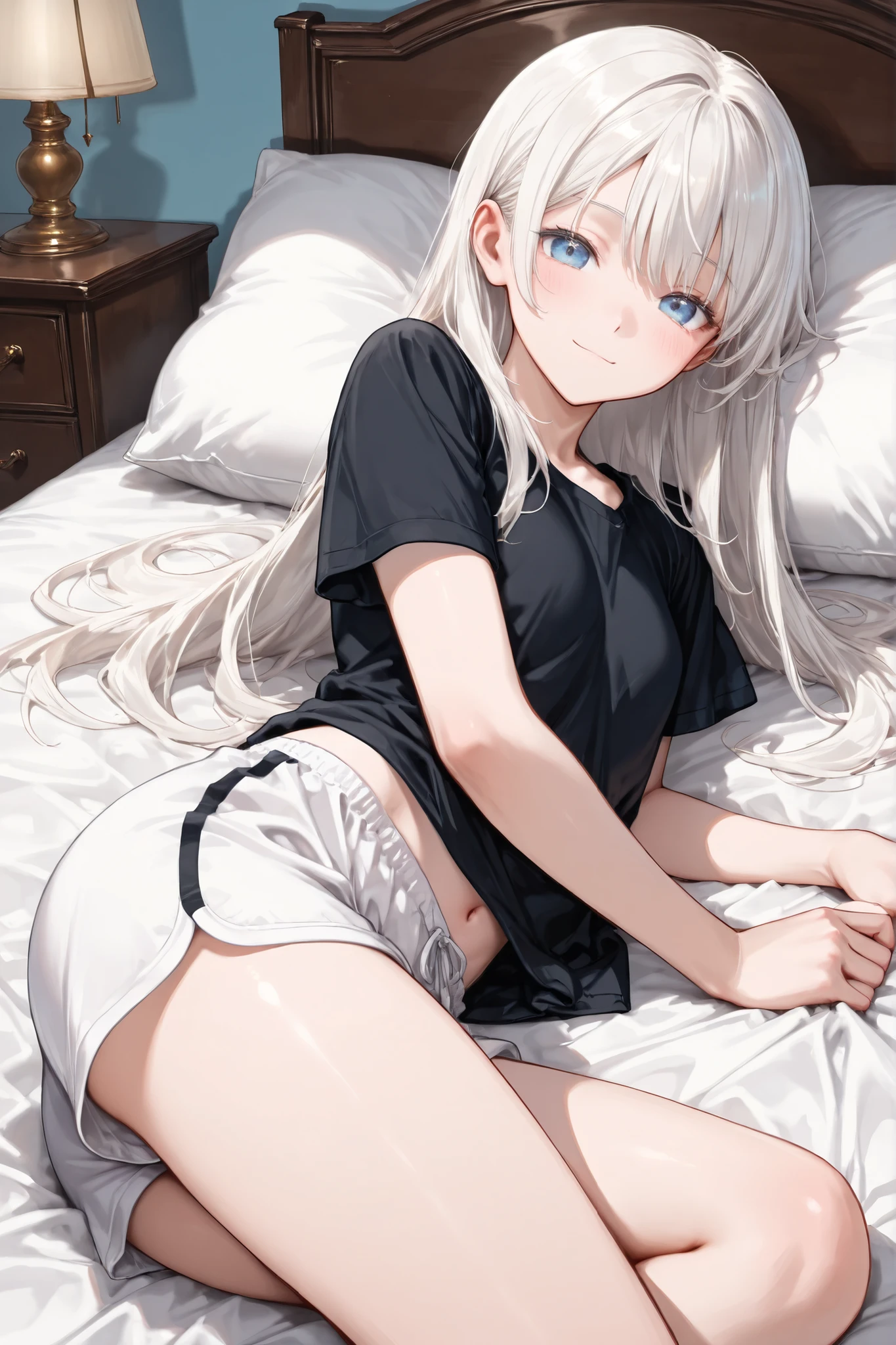 ((Masterpiece)),((best quality)),((incredibly absurdres)),((8K)),(semi realistic),
1 girl,solo,young female,aged up,kawaii,white hair,long hair,straight hair,blue eyes,small breasts,
short-sleeved shirt,black shirt,Plain shirt,white sweatshorts,Plain shorts,
(open eyes),closed mouth,light smile,facing viewer,look at viewer, morning,(bright room:1.2),lamp,(sunlight),