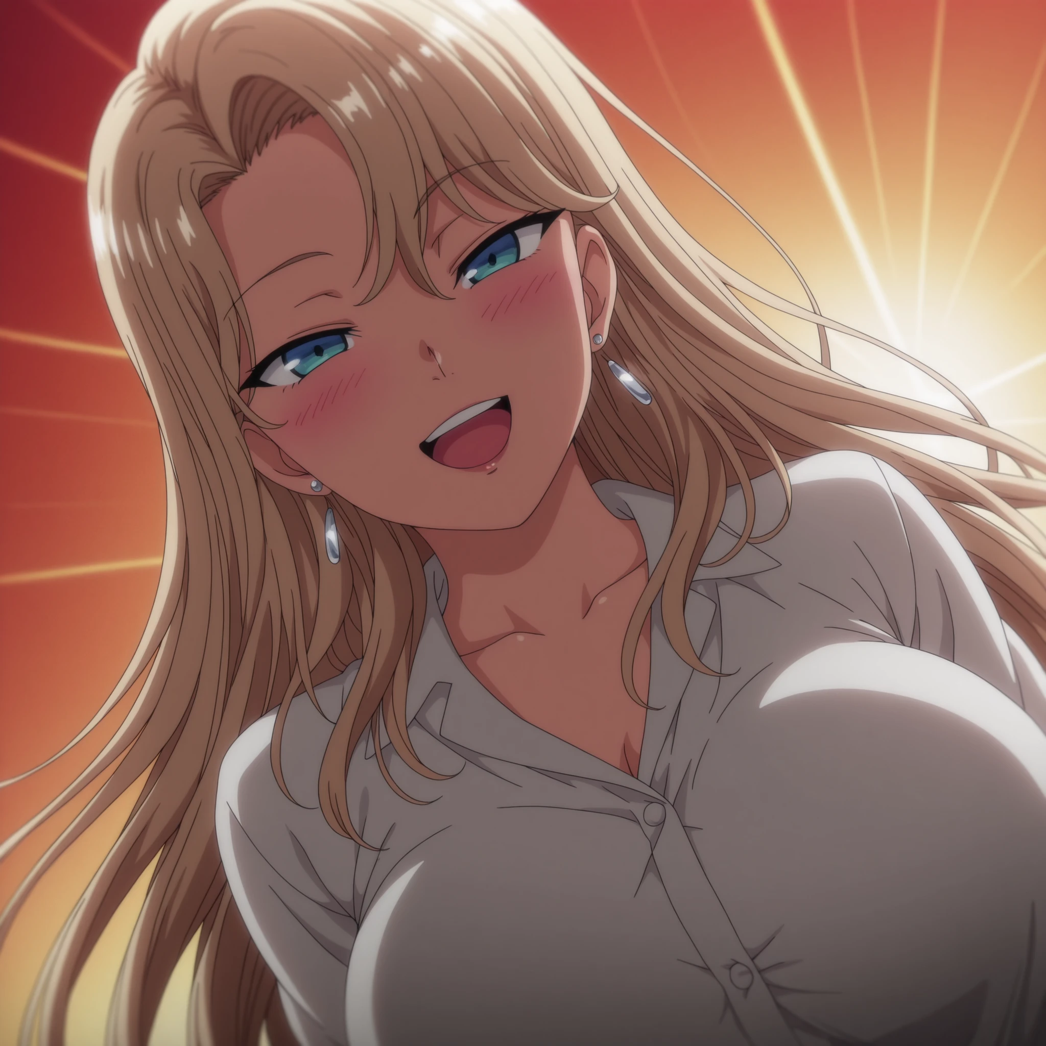 1 girl, alone, amazing quality, blonde hair, blue eyes,masterpiece,Best quality,Best illustration,Anime coloring,Anime screenshot,Best shading,Very aesthetic,Realistic wind,Anime screenshot,Looking at viewer,happy, smile, open mouth,big breasts,smiling,blushing,masterpiece,alone,wind,high quality,sunset background, dynamic lighting, wild, dutch angle, standing, close-up, face, Red Rays Background Sunburst Abstract, without earrings