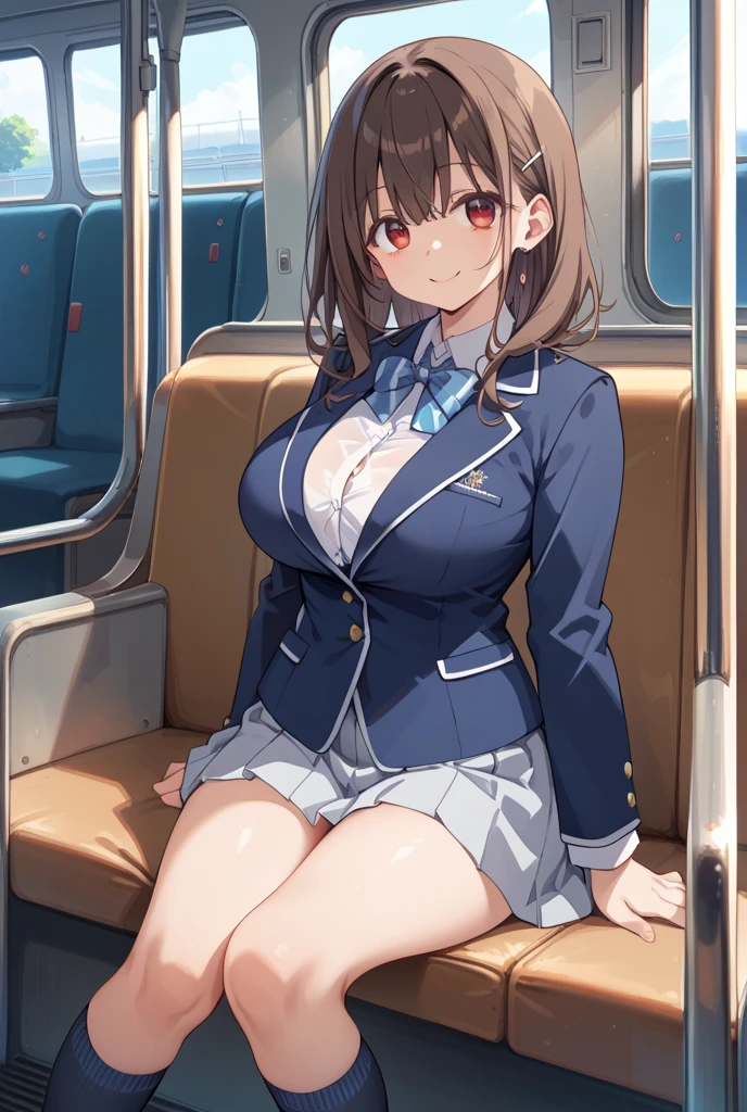 One knee up、Sitting in a red train seat, (Spread your legs)、 (White panties), Blue jacket, Blue suit , Red bow tie, (Blue pleated skirt), White shirt, (Background inside the train), sunny,Priest, Mature Woman, Anime cel style, highest quality, High resolution, One girl, (Large Breasts:1.2), Beautiful Face, Beautiful fingers, Beautiful long legs, Beautiful body, Beautiful Nose, Beautiful character design, Black Hair, bangs, View Viewer, Cowboy Shot, blush、Embarrassed look、Nipples are visible、