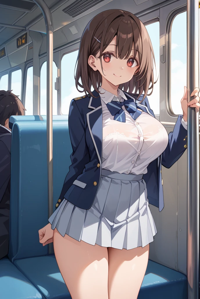 (2 girls) ,(old high quality) ,(Yukinoshita Yukino ,blue eyes), (Yuigahama Yui , brown eyes,big breasts),Inside the train , troubled face,(low position),(Seen from below),school uniform,(check skirt),,(lift up the skirt),thighs,knee,(white panties),(pink panties),