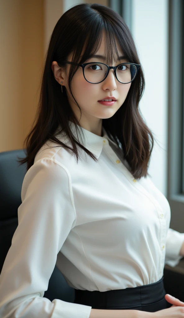 masutepiece, Best Quality, Raw photo, Ultra-detailed, finely detail, hight resolution, 8K Wallpaper, Perfect dynamic composition, Beautiful detailed eyes, Business Suit, Natural Lip,Slender and big , Natural hair,Hair put together、 eye glasses