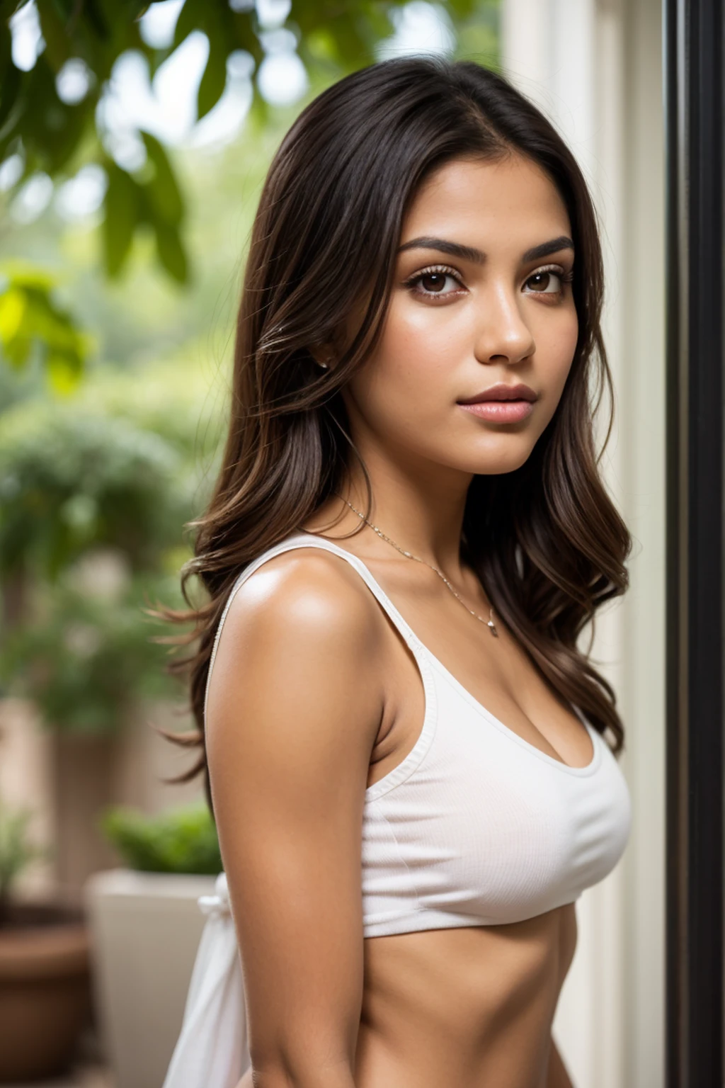 Fotografia de uma mulher muito bonita, com longos cabelos ondulados, pele castanha clara, olhos castanhos, corpo inteiro, vestindo uma jaqueta de couro, face centrada, sorriso suave, Rosto detalhado, efeito cinema, Fundo da imagem barzinho, editado no Adobe Premiere, 8k. as realistic as possible