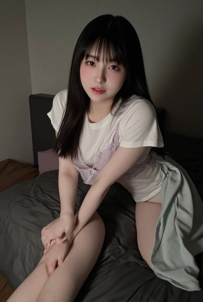 masterpiece, best quality, illustration, Super detailed, fine details, High resolution, 8K,wall paper, perfect dynamic composition, Not too much exposed skin, kneeling with the tops of the feet flat on the floor, and sitting on the soles, (Details High quality, realistic depiction of eyes:1.3), 20 year old girl, Gravure Idol, cute type, large breasts, straight hair, black hair color, Korean style makeup, Big Natural Color Lip, thick thighs, perfect body shape, plump figure, White T-shirt with low exposure, on the bed, messy room