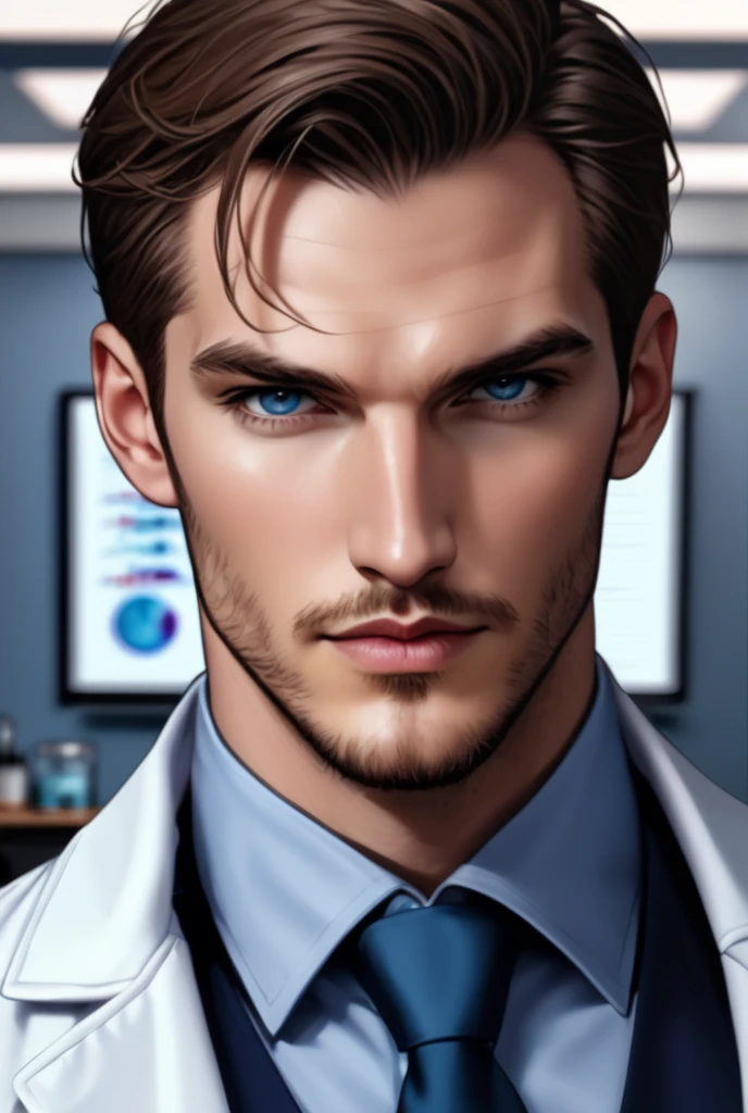 photorrealistic. The 34-year-old man has short, dark hair in a masculine cut, model beauty, STRIKING FEATURES, blue eyes and a virile body. It's in a hospital.
Lab coat.