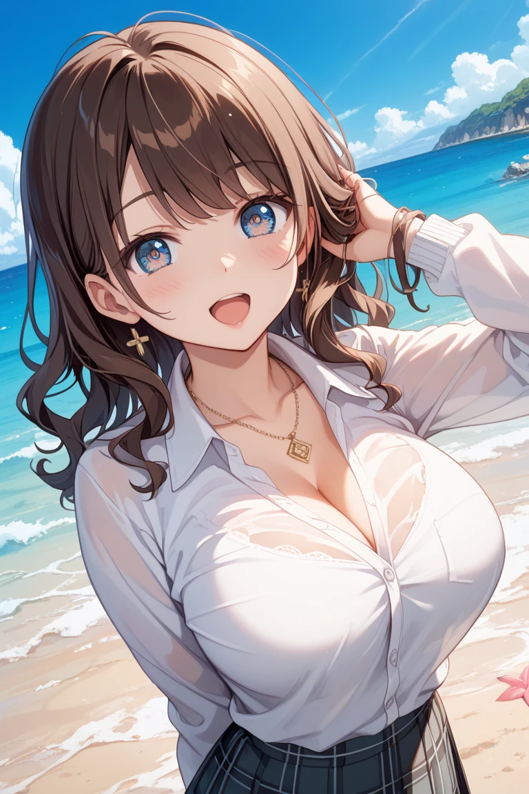 (((girl kawaii))), (a Very delicate and beautiful girl),,(Huge breasts:1.3),,(Showing off your breasts:1.6), ((Ultra-fine illustrations)), (Very delicate and beautiful), charactera girl, Please raise your hand, Wet, girl, age girl, Flowing Hair, (High Ponytail), (Long dark brown hair), Beautiful and fine hair, Very beautiful and detailed anime faces and eyes, (smile), Intricate details、Beautiful and delicate eyes, Bright Eyes, Open your mouth,,(Showing off your breasts:1.6), Cleavage, Pale blue eyes, White skin, Frills, Hair Ribbon, Earrings, Gemstone Necklace, bracelet, (White Bikini), cardigan, Wet clothes, Open Court, White clothes, (Beach), (blue sky), sunlight, Backlight, Highly detailed light, ((Absurd)), (((wallpaper 8k CG))), masterpiece,,(Showing off your breasts:1.6),((Nipples、Areola)),