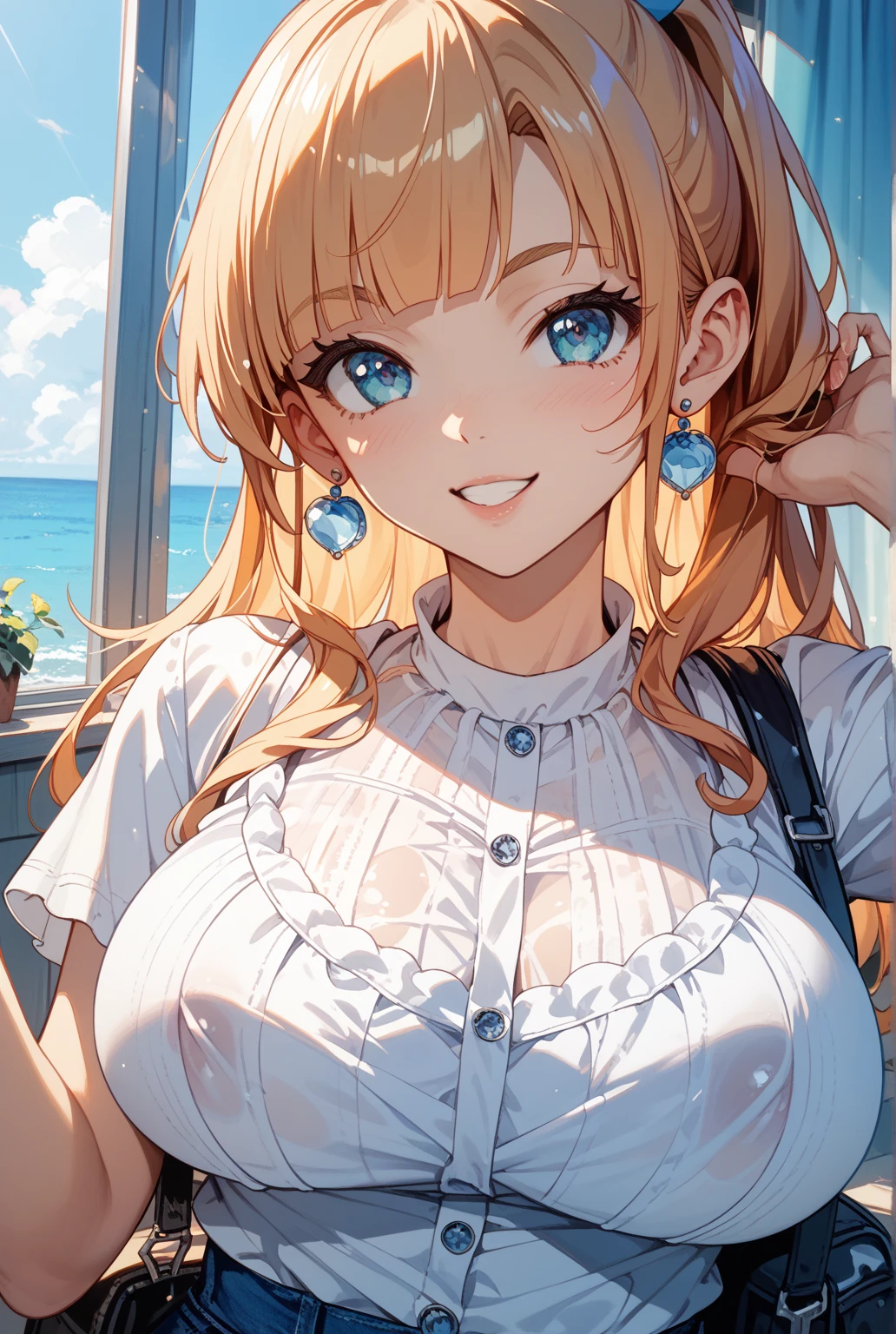 ((8k, masterpiece, highest quality)), super high resolution, best shadow, illustration, high detail, very detailed, solo, (blonde hair), beautiful hair, blue eyes, shining eyes, beautiful detailed eyes, sheer white jacket, maid bikini, cute, cute, smile, erotic, medium hair, half up ponytail, blue scrunchie, small chest, cleavage, white and beautiful body, shy, blush, constriction, face close-up, upper body, cowboy shot, pose, emphasizing breasts, drenched, standing, (leaning forward: 1.2), (leaning forward), mid-waist, (sea: 1.2), (beach: 1.2), outdoors, sunshine,