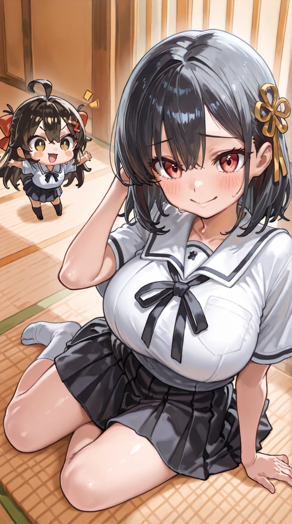 ultra-detailed,
master piece,best quality,high resolution,
beautiful eyes,detailed eyes,detailed face,
beautiful detailed eyes,symmetrical clear eyes,perfect hand,1girl,kisaki, grey eyes, black hair, hair bun, double bun, twintails, erfly hair ornament, halo,
china dress, black dress, sleeveless, dragon print, coat, gloves,(11 y5),  Lori Body shy, rrassing, (small breasts:1.6), (Litt:1.5),  body, low leng Cute Face, (Elementary school girl:1.5),Baby face, Children's body,(erect nipples,(pointed nipples