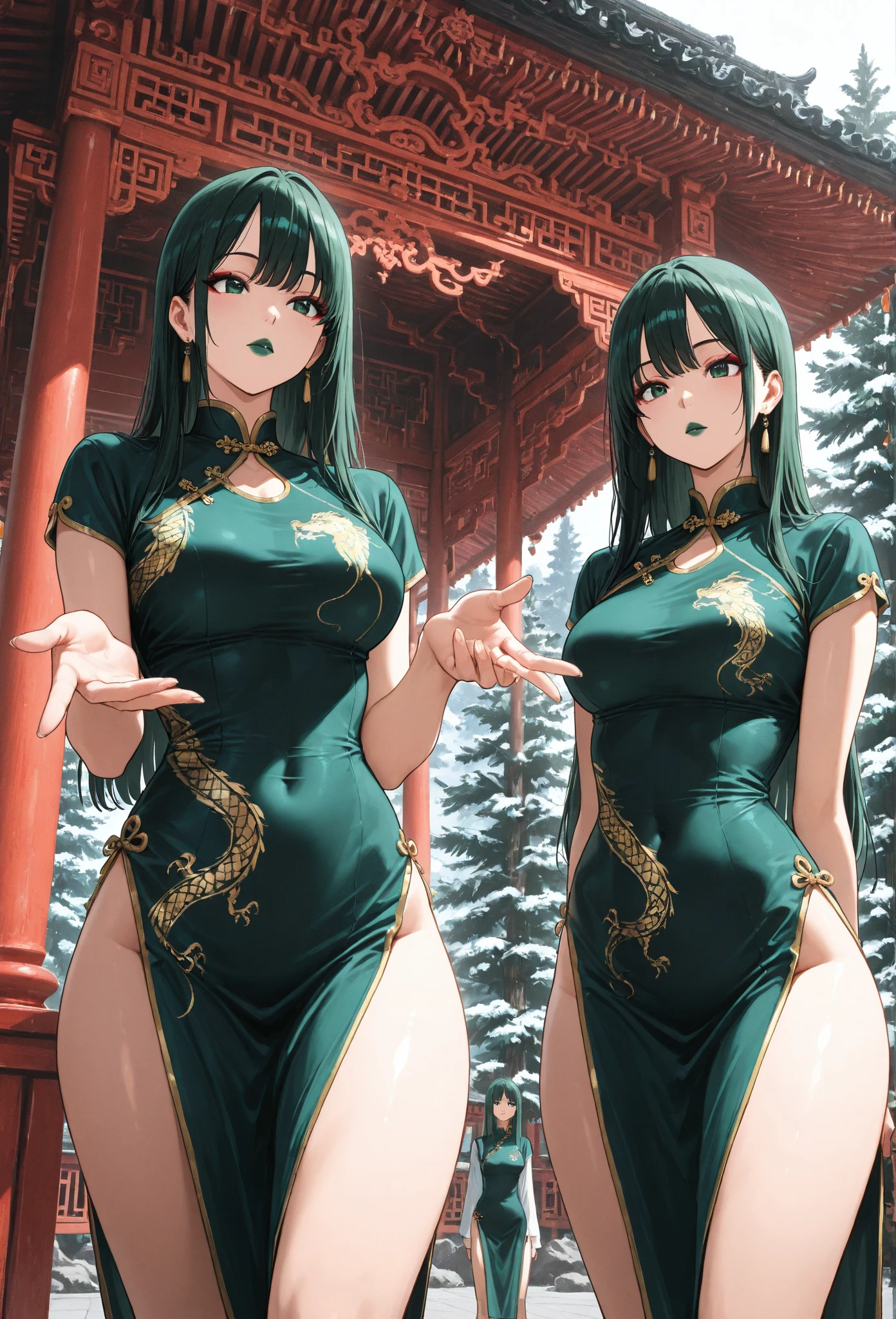 (art: 1.2), (best quality: 1.2) 1 female, Mature, Tall (1.85 cm), appeared to be about 25 years old, had long black hair, straight shiny hair, tied in Chinese Taotist style, icy blood red eyes , extremely detailed eyes, perfect eyes, extremely realistic eyes, well-aligned eyes, long eyelashes, anime style, perfect face, milf face, full lips, smiling, Mature, fair skin, natural body, sexy body, MILF body, perfect hands, detailed hands, hands well proportioned to the body, realistic hands, arms with good anatomy, she only wore a Chinese style green dress decorated in gold and silver that still couldn't hide her extremely large and huge breasts that were hanging down due to the size, thick thighs , wide hips, looking at the viewer, background scene, scene of a Chinese-style pavilion, posing alone Looking at the viewer, completely naked with no clothes on, looking sexy, naked breasts and butt