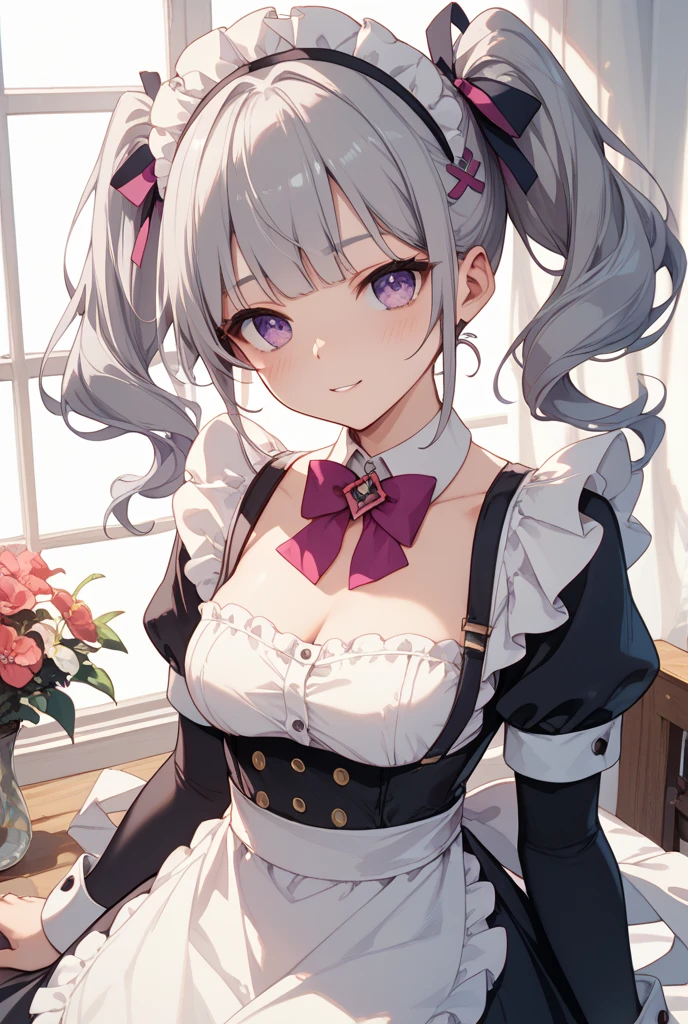 Absurd, Super detailedな,(In 8K:1.3),Masseter muscle area,(masterpiece:1.2)、(Highest quality)、4K、Super detailed、(Movement Structure:1.4)、(Shining Lights、Atmosphere lighting), High resolution, Best Quality、(One girl:1.4),Super detailedな,Bright colors、Treebreak Production Art、(Warm color light source:1.2),High-level image quality、Fine image quality、Intricate details,Volumetric Lighting,Realism BREAK、Profile、 Idol face、15 years old、Very beautiful face and eyes, Beautiful images、natural make up、 big eyes,、 (shoot from below:1.3)、 (to lift up one’s skirt:1.4)、(breast grab:1.2)、 (Big Tits:1.3)、(curvy body:1.2)、(glossy skin :1.5)、(Baby Face:1.5)、 (white background:1.4)、 (Light purple hair、blunt bangs、long hair、wavy hair、ponytail、Ahoge、Red ribbon:1.2)、 (detailed clothes featureiniskirt Maid:1.4)、cleavage、 (smirk:1.2),