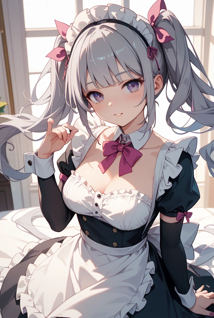 (Cute big sister: 1.3)、smile,spring atmosphere、naked in an apron 、((Valentine's Day))、evening、silver, silver eyes, big breasts、Very detailed,chocolate