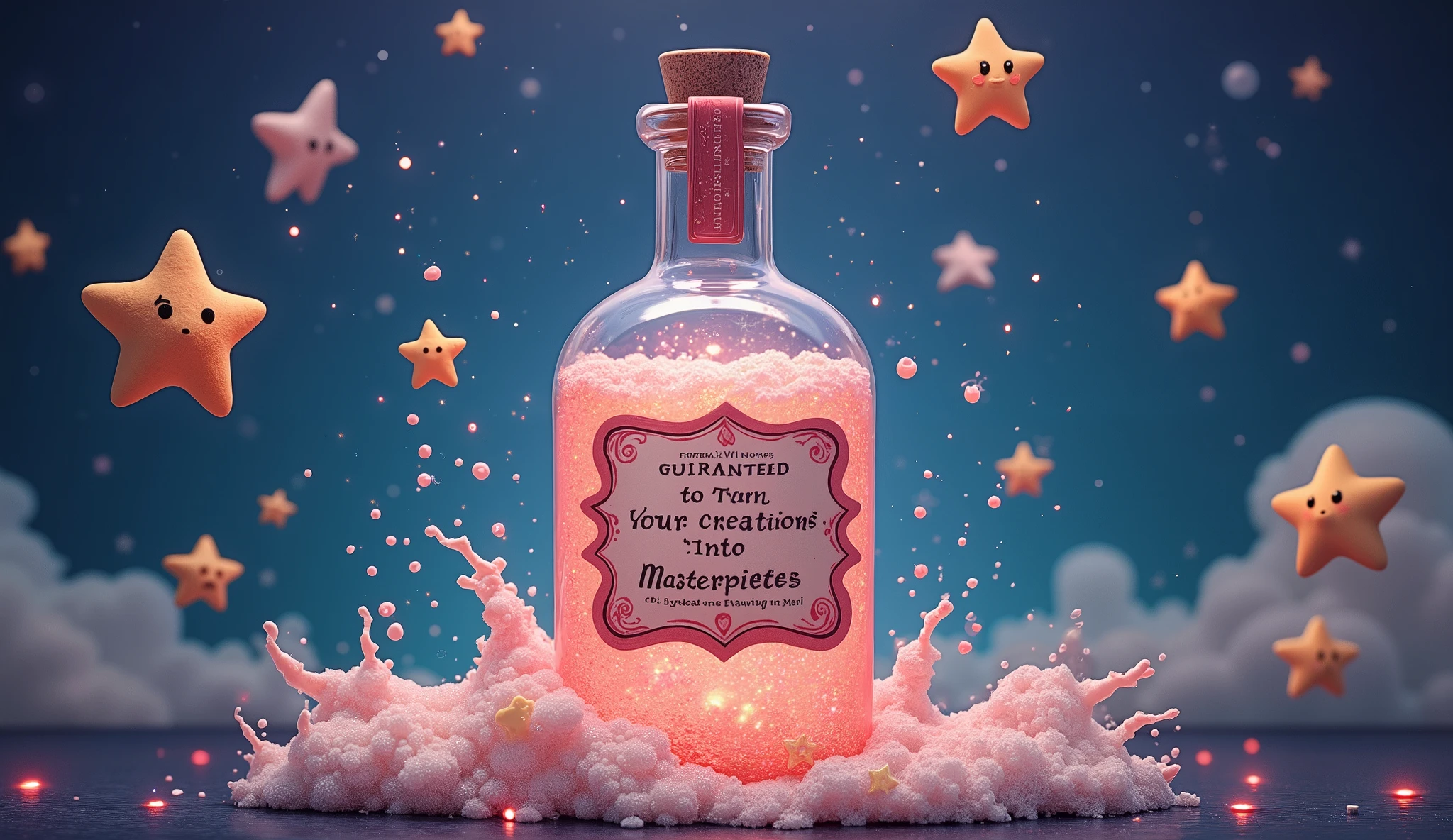 A bubbling potion with a label that reads, "Guaranteed to Turn Your creations Into Masterpieces - May cause excessive upvotes and Editor's Choice awards." The potion itself glows with a soft, pink light, and bubbles rise to the surface, forming tiny star faces. The bottle is adorned with whimsical, hand-drawn illustrations of stars wreaking havoc. The scene is rendered in a whimsical, painterly style, with soft colors and intricate details, reminiscent of the works of Arthur Rackham and Brian Froud.