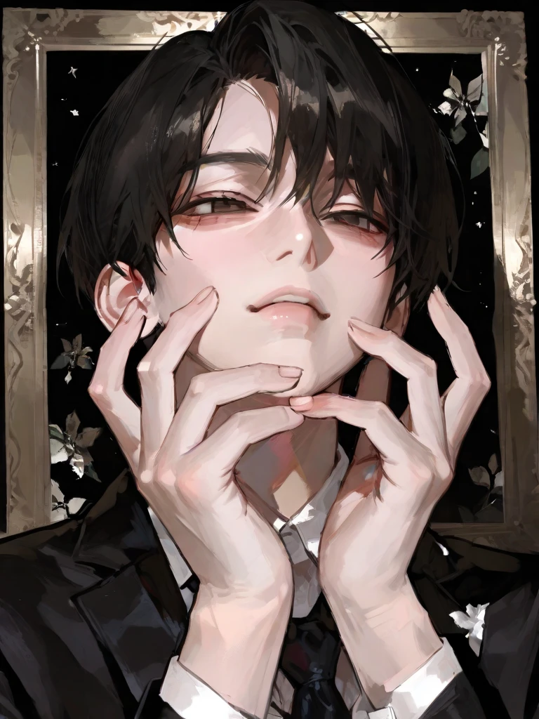 there is a man that is making a gesture with his fingers, with index finger, Cai Xukun's, kanliu666, 1 7 - year - old boy thin face, Handsome anime pose, clasps his bangs in one hand, High quality!!!!!, inspired by Kun Can, jungkook, Araki style, distorted pose, middle finger, handsome japanese demon boy