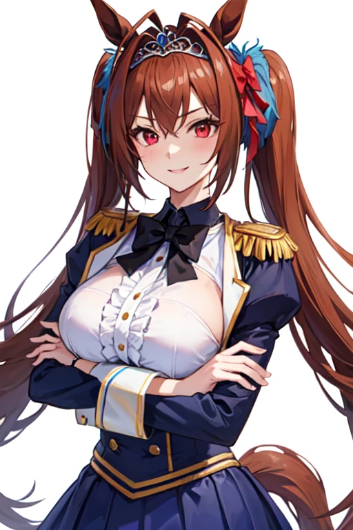 masterpiece, best quality, highres, aanitta, (very long hair), (black peaked cap), earrings, big breasts, cleavage, muscular body, military uniform, epaulettes, badges, (black shirt:1.2), (gold trim), (bulletproof vest), (red ascot), black sleeves, long sleeves, (black pants), utility belt, (belt pouches), cargo pants, (white gloves), cowboy shot, standing, smile, closed mouth, facing the viewer, looking at the viewer, simple white background