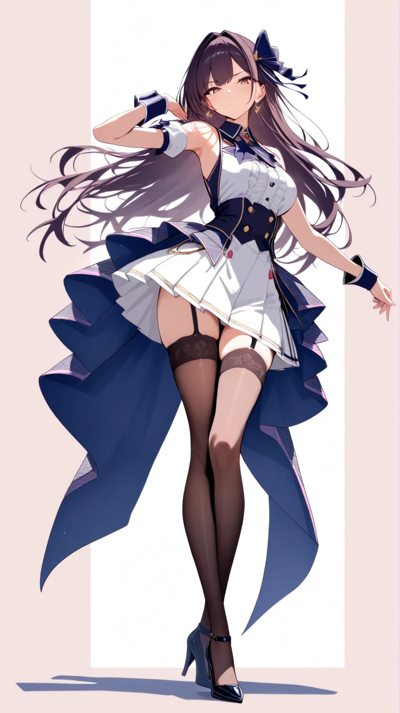 Best Quality, masutepiece, Portrait, , 1girl in, Kotegawa Yui, Black hair, Long hair, Long bangs, Brown eyes, medium udder, ((chies)), Looking at Viewer, embarassed expression,Photo from below、((Magical Warrior Costume))、((pantyhose))、((Show panties))、((a miniskirt))