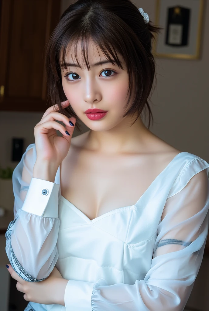 masterpiece, highest quality, 8k,Ultra-high resolution、1080dpi、Head to knee photo、 20th Generation, Large Breasts, cute, alone, sad, cute, Girlish, cute、Delicate girl, Pure beauty,  RAW Photos, Professional photography, Soft Light, Professional Lighting, Backlight, avert your eyes, Sophisticated, Film Grain, (Eyes and facial details:1.0), Short floating hair, Beautiful, flowing hair, bangs, (A loose white see-through blouse)、(Large Breasts:1.2)、You can see a little cleavage、The nipple protrusions are clearly visible、(Micro Mini Skirt(Pink))、Voluptuous thighs、Translucent white skin、Dolly Makeup、(Odd Eye、The left and right eyes are different colors)