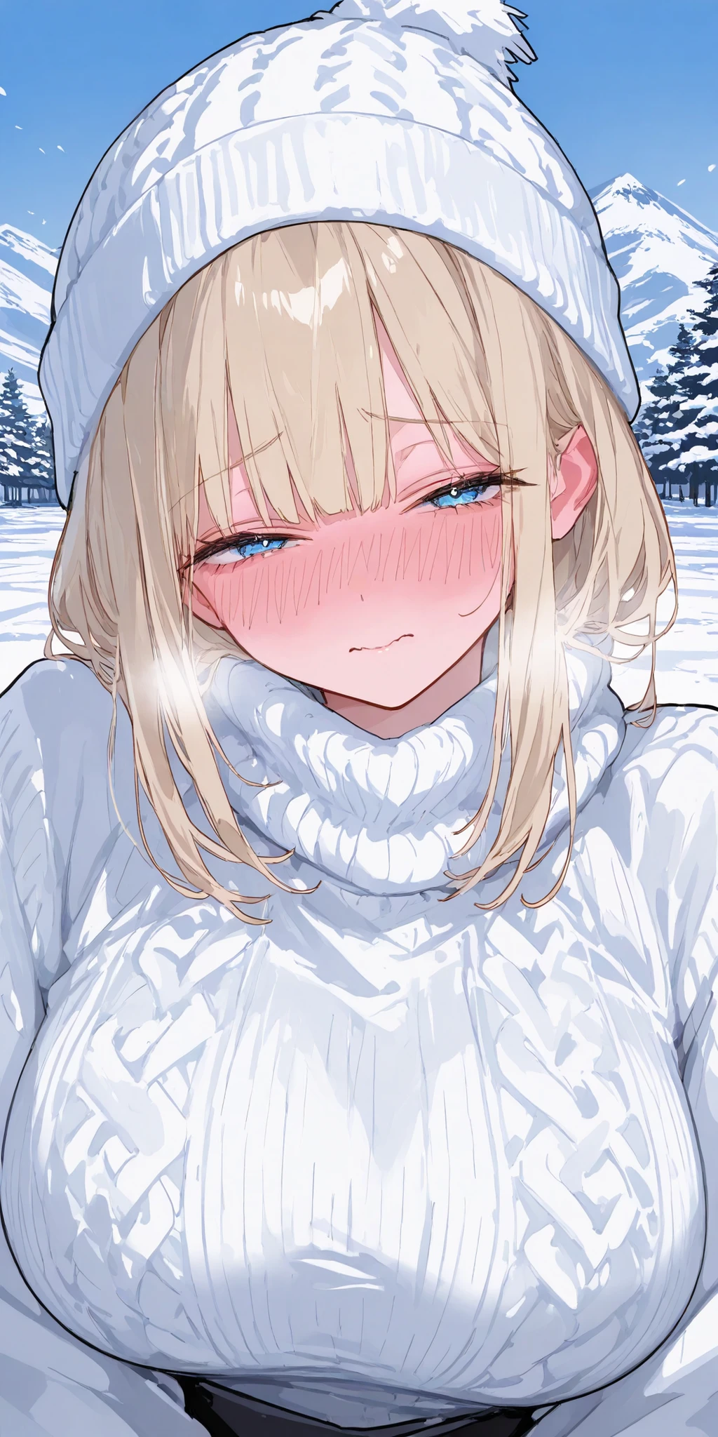 Hot sexy beautiful milf, white sweater,cross earrings,big breasts, lipstick,makeup, black,two falling hair strands,blush,short hair , purple eyes,winter scarf,winter hand gloves,blonde hair