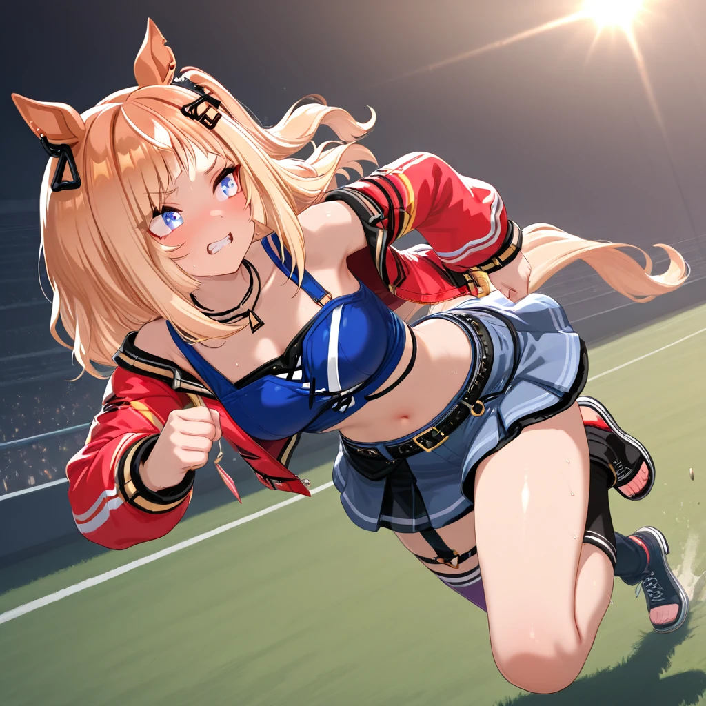 best quality,ultra-detailed,high resolution,extremely detailed CG,perfect anatomy,detailed,cinematic lighting,beautiful detailed eyes,ultra high res,(1girl:1.5),(1:1.4),gleaming skin,oil skin,skindantation,sweat,humid,clothed,(sweat:1.2),nose blush,cowboy shot,Glowing Skin,Beautiful Hair,looking at viewer,Smile,little open mouth,ereshkigal, ereshkigal \(fate\), long hair, blonde hair, very long hair, two side up, tiara, (red eyes:1.3), ribbon, hair ribbon, red ribbon, (parted bangs:1.5),(cheerleader:1.1),mini skirt,baseball stadium,large breasts