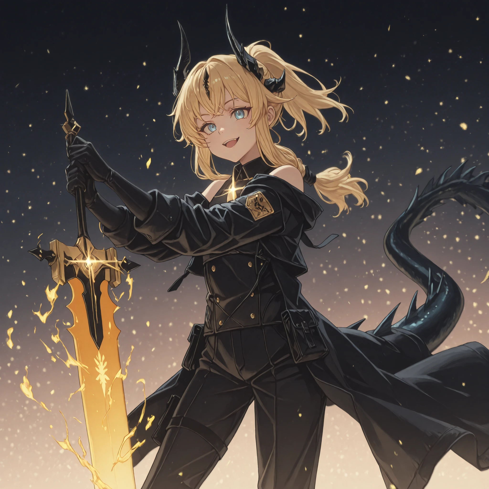 Solo, 1 , Young character, personagem, body like that of Lloyd de Saloum in "Tensei Shitara Dai Nana Ouji Dattanode", male character, male character, short stature, Young character, , Young boy;
blond hair, the character's hairstyle must be the same as Alice Zuberg's from "Sword Art Online", hair tied in a ponytail, Long FRINGE, black horns like Reed The Flame Shadow of "Arknights", cauda preta, completely black tail, golden flame on the tip of the tail;
The character's face must be the same as that of Lloyd de Saloum from "Tensei Shitara Dai Nana Ouji Dattanode", flashy blue eyes, provocative face, provocative smile , rosto jovem, perfect and beautiful, body like Saloum's with "Tensei Shitara Dai Nana Ouji Dattanode";
Perfect Anatomy, the character's tail Of a dragon and must be black (com uma golden flame on the tip of the tail), tail with golden flame at the tip, They must be black;
Nian-like arms in "Arknights" (but black with gold details), hands with claws, black arms , arms with gold details, golden flame on the tip of the tail, cauda preta;
Dusk's black coat on "Arknights", long coat, black military clothing with gold details, black pants, tactical combat uniform attached to the body, futuristic tactical uniform, exposed black arms, exposed black hands;
holding a black sword with gold details, black blade, gold ornaments on the sword, divine and beautiful sword, greatsword, futuristic sword (sword size reference: Dragon Slayer by Guts with "Berserker";
Fundo preto, striking pose, jacket looking at the observer, long coat, Jacket almost touching the ground. personagem , Short character ;
flashy pose, exposed shoulders and head, near the face, looking at the character, jacket looking at the observer, cara a cara, fierce smile, Young character;