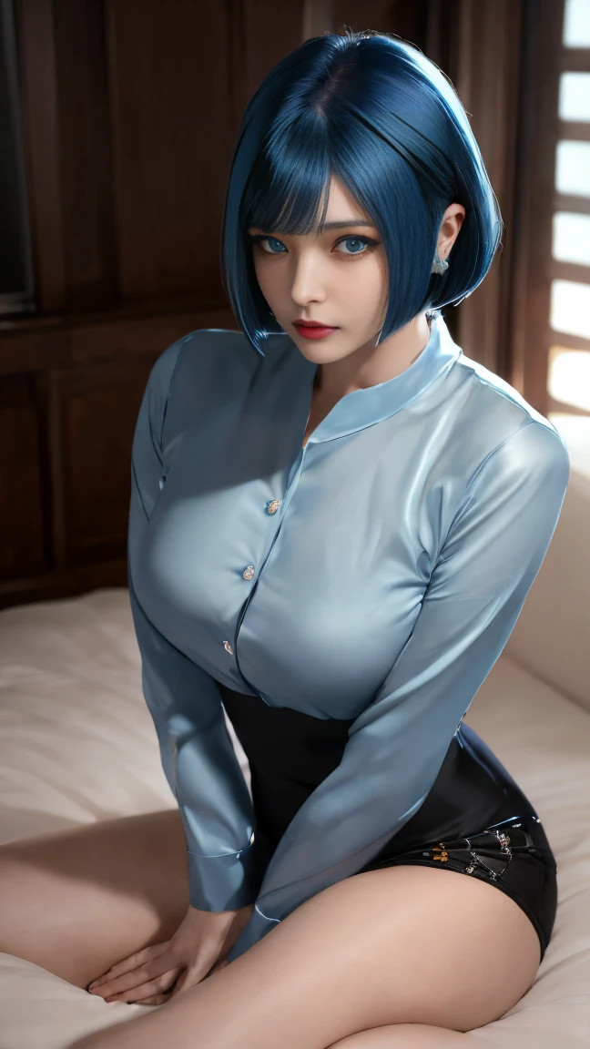 masterpiece, Highest quality, 8K, Detailed skin texture, Detailed cloth texture, Beautifully detailed face, Intricate details, Very detailed, Portrait of Rei Ayanami, Blue Hair, mini skirt,Red eyes, Remember, No background