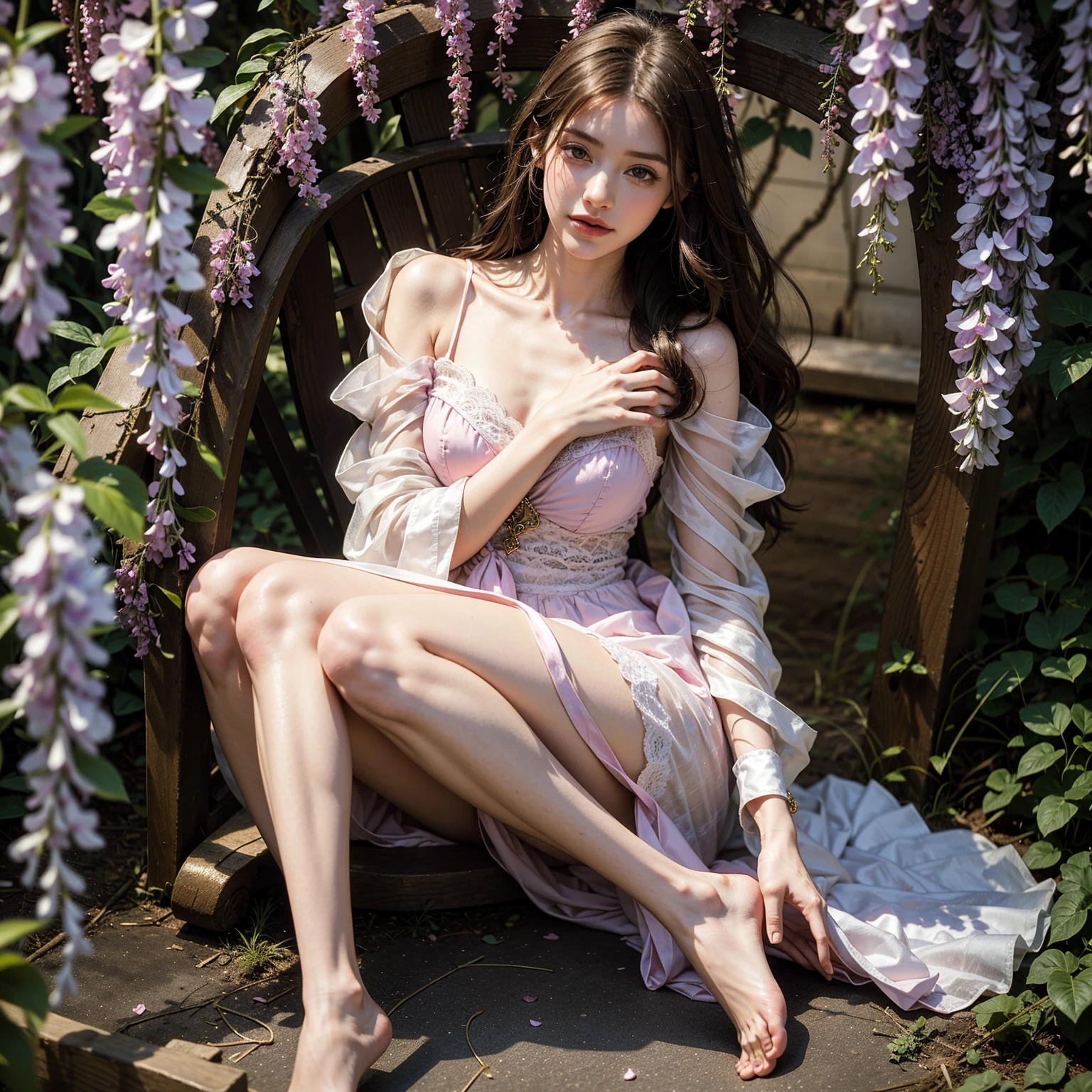 a girl sitting on a wooden log, long flowing hair, pink dress with short sleeves and knee-length skirt, turquoise high heels, solid white background, elegant pose, perfect posture, beautiful detailed eyes, beautiful detailed lips, beautiful detailed long flowing hair, glowing skin, intricate dress details, studio lighting, cinematic composition, studio photoshoot, studio photography, extremely detailed, ultra HD, 8k, best quality, masterpiece, portrait, photorealistic