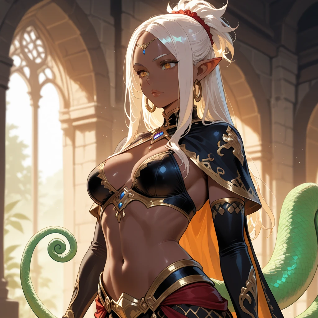 ((best quality)), ((masterpiece)), (detailed), 1 women pornstar elf dark knight, 8k_wallpaper, extremely detailed eyes, (large masterpiece digital art), (intricate details:1.3 ), (ultra-detailed:1.3), (sharp focus:1.3), (natural lighting:1.05), (vivid colors:1.3), (best quality:1.4), high quality, expressive eyes, full body, detailed face, beautiful face, perfect face, ((hair sandy white curls)), ((indigo horns)), (gold eyes), {{dark skin}}, ({dark skinned female}), big breasts, huge chest, powerful relief muscles of the abdomen and legs, powerful strong muscles of the arms, abdominal piercings, cruel predatory and cold-blooded arrogant look and smile, open kimono of yellow silk, white crop top with transparent wet cloth, under the clothes the clear outlines of large pointed nipples with piercings in the form of crosses appear, orange wide belt with large gold yarn, torn leather pants, the outlines of a wet vagina are clearly visible, walks along the path of an elven village, surrounded by flower meadows and forest far from high mountains, dark fantasy style,