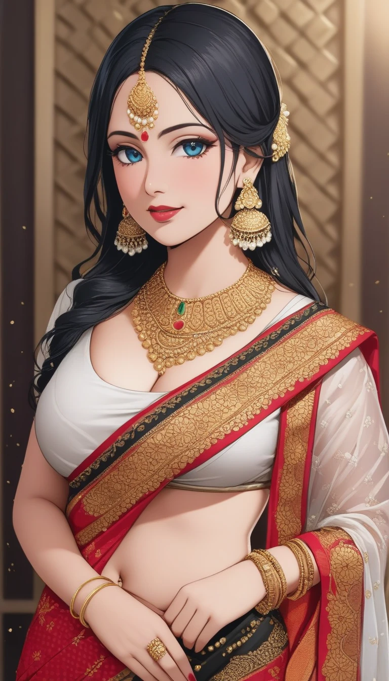 a beautiful mature woman in a wet transparent saree, with wavy silky brown hair, detailed alluring eyes, beautiful detailed lips, wearing a full sleeve blouse, long earrings, smiling with red lipstick, saggy breasts, holding a flower in her head, with mehendi on her hands, wearing multiple accessories including necklace, bangles, waist jewelry, leg chains, in a cinematic composition with dramatic lighting, vibrant colors, hyper detailed and photorealistic, masterpiece, 8k
