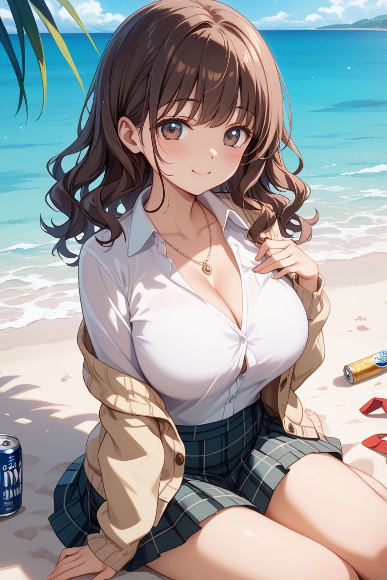 ultra detailed, highres, (realistic, photorealistic: 1.4), 8k, raw photo, (masterpiece), (best quality), physics-based rendering, female college student, long brown hair, Korea, beach, looking sock unbuttoned_white_shirt