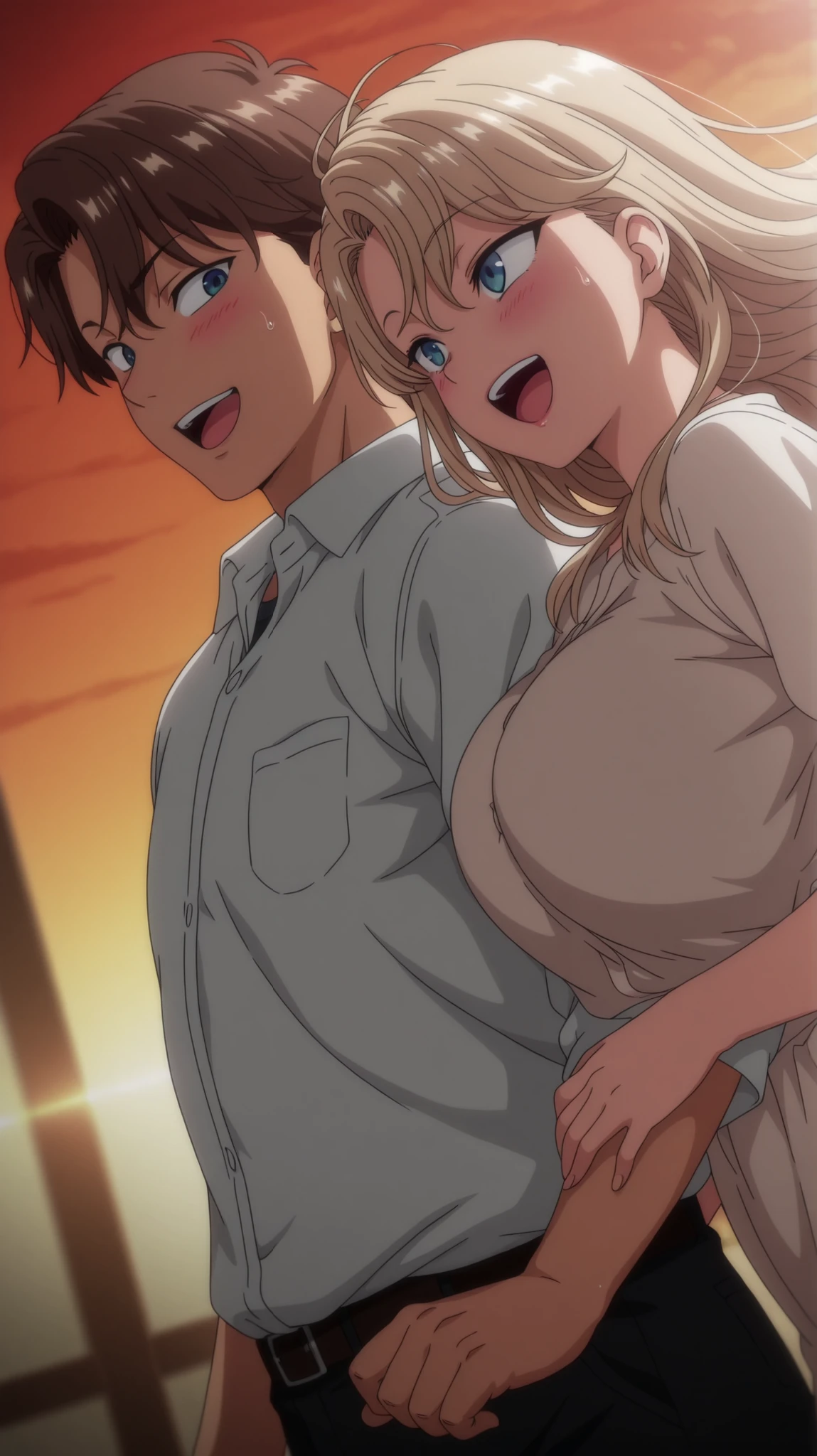 1 girl and 1 boy, brunette, brown hair, holding hands ,amazing quality, blonde hair, blue eyes,masterpiece,Best quality,Best illustration,Anime coloring,Anime screenshot,Best shading,Very aesthetic,Realistic wind,Anime screenshot,Looking at boy,happy, smile, open mouth,big breasts,smiling,blushing,masterpiece,wind,high quality,sunset background, dynamic lighting, wild, dutch angle, standing, face, Red Rays Background Sunburst Abstract, side by side, walking
