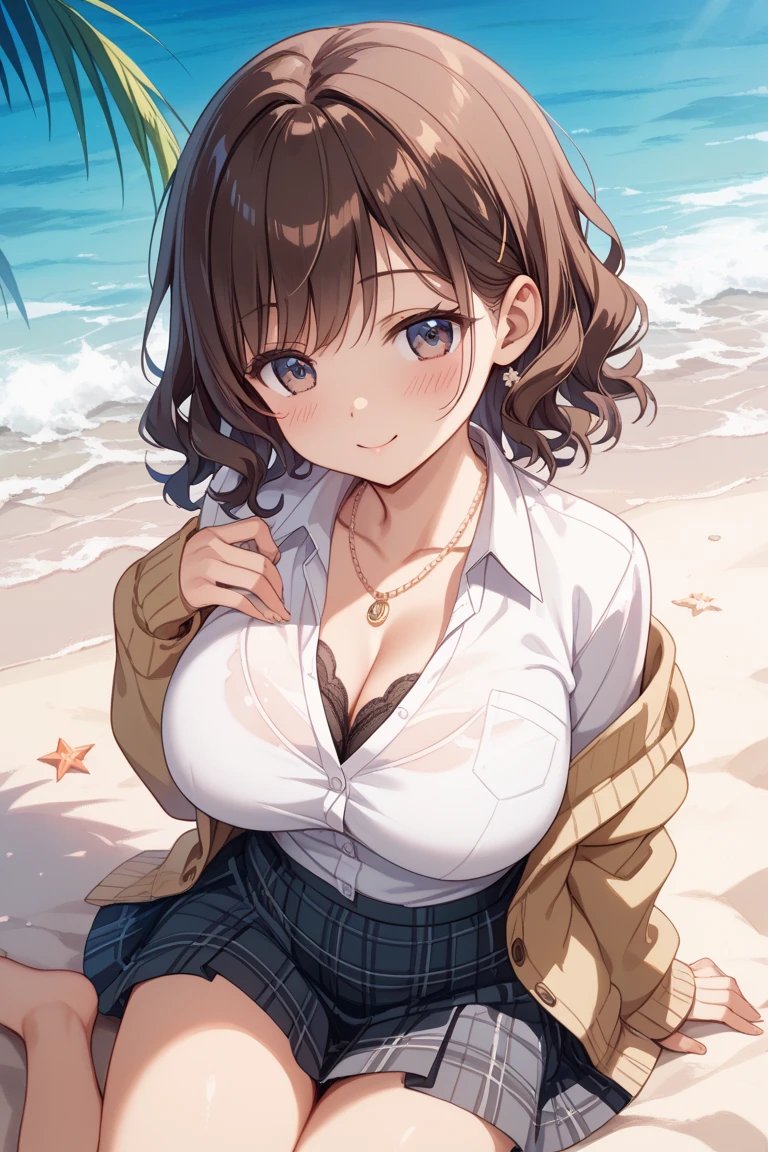 Anime illustration、highest quality、A short and plump high school girl、Tropical resort boulevard、market、Rash guard、Tube top、hot pants、Perfect proportions、overwhelmingly big breasts、Thick legs、Beautiful, shining eyes、Cowboy Shot、smile、Excessive sweating、Noise Reduction