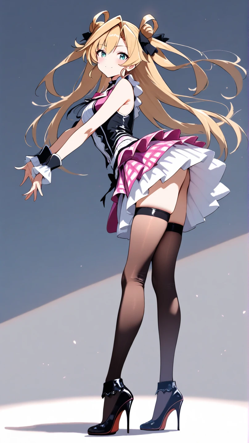 (White tights),barefoot,Cute little ,Tiny ,Small girl,,Childish face, Very fine clean face,Top quality, Big eyes,Straight Hair,Yellow hair,Crimson Eye,(Dark Room), Subtle light, Natural light,Soft lighting,Light from directly behind, (Are standing),Black background