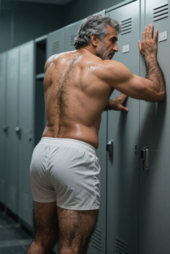 Strong, hairy, bearded, mixed race Brazilian man in front of the mirror, naked, from the belly down, dental floss, very hairy groin, only bust showing.