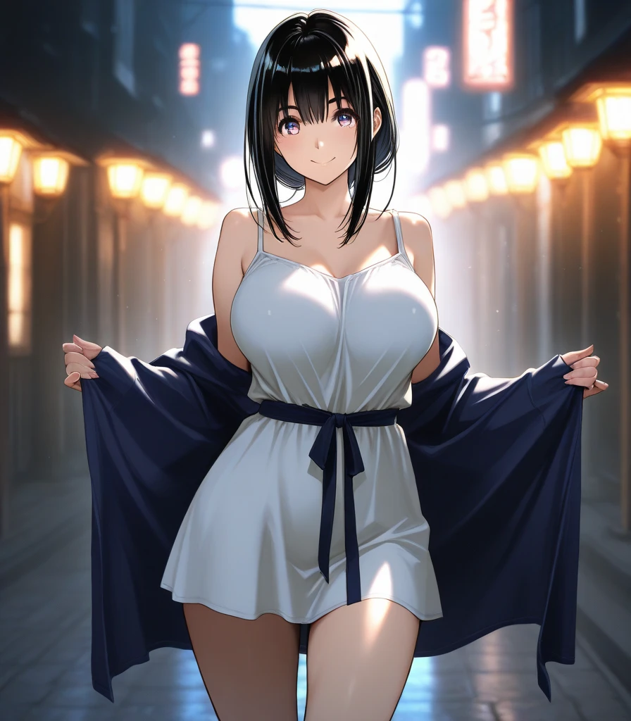 高いquality illustration, masterpiece, Very delicate and beautiful, Attractive girl,(Black kimono、Wrap a cloth around your chest、Loincloth),thin,Slender body,slim、night festival background,Princess, Beautiful Eyes,smile、Embarrassing、blush(masterpiece, Highest quality:1.2), High resolution, Very detailed CG ユニティ 8k 壁紙, Perfect lighting, colorful, 超High resolution,4K,Very detailed, photograph, 8k, High resolutionolution, 、Big Breasts、Thick pubic hair sticking out、Pubic hair sticking out