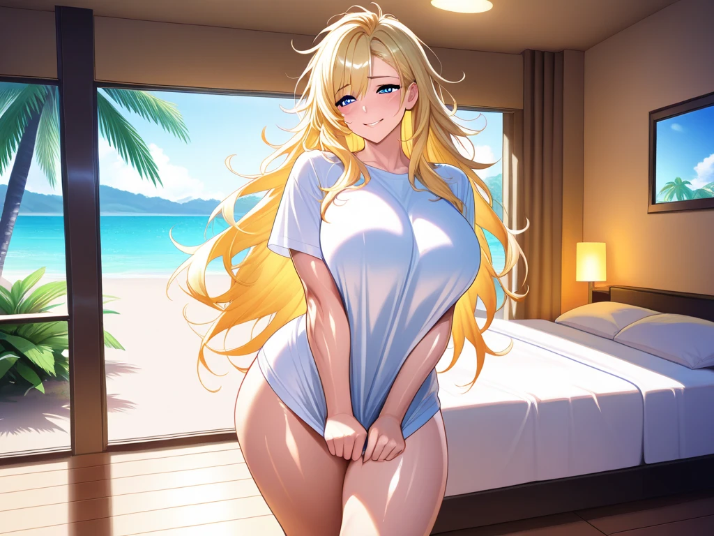 On the bed at the resort hotel The open window overlooks the beach A breeze from outside nude anime Beauty one person Blonde long hair Bedhead Small earrings Simple Necklace Blue-green highlights in eyes Slightly large breasts Cute pink nipples sleepy eyes:1.3 big smile embarrassed arm up front whole body:1.5. Seiza (Sitting formally)