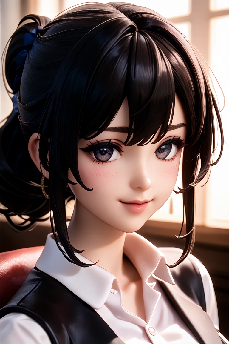 high quality detailed、Figures on display、dramatic lighting、upper body、3D Figure (3Dレンダリング, アンリアルエンジン:1.35)、3Dフィギュア人形 、7等身、standing pose、(顔は立体的:0.5) 、宝鐘マリン Bust female ponytail black hair Slanted Eyes Dark Eyes 眉毛はハの字 jolly、happy/happiness、cheerful、Japanese high school girl、