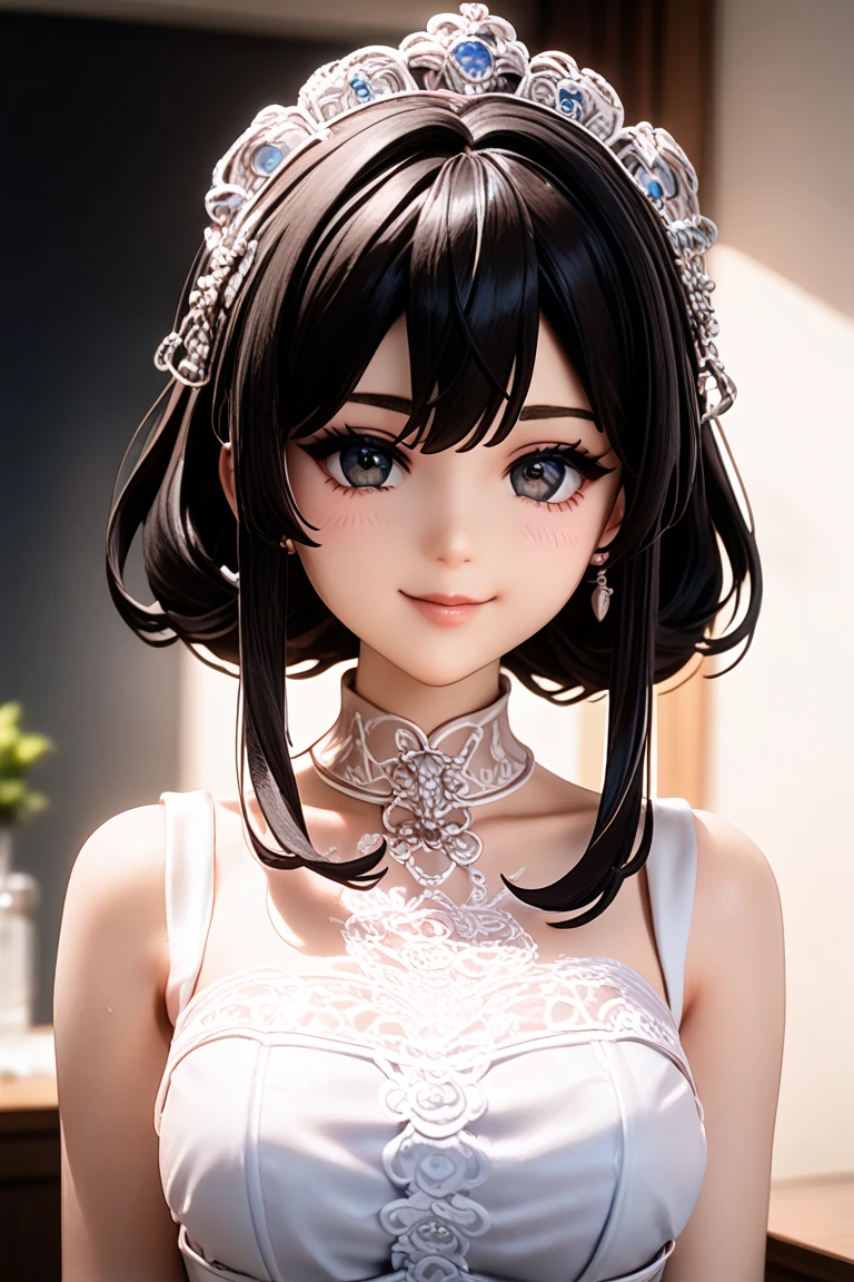 high quality　detailed、Figures on display、dramatic lighting、upper body、３D Figure　 (3Dレンダリング, アンリアルエンジン:1.35)、３Dフィギュア人形 、7等身、standing pose、（顔は立体的:0.5) 、宝鐘マリン  Bust　female　ponytail　 black hair　  Slanted Eyes  Dark Eyes　　眉毛はハの字　jolly、happy/happiness、cheerful、Japanese high school girl、	
