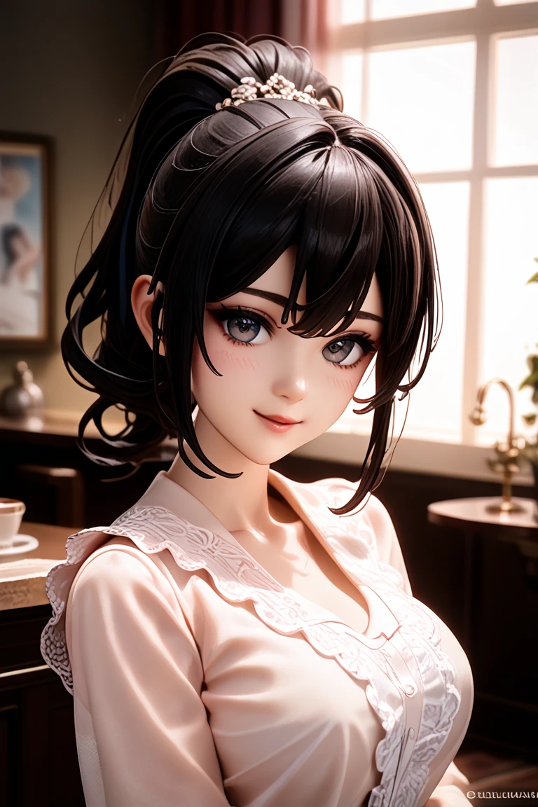 high quality detailed、Figures on display、dramatic lighting、upper body、3D Figure (3Dレンダリング, アンリアルエンジン:1.35)、3Dフィギュア人形 、7等身、standing pose、(顔は立体的:0.5) 、宝鐘マリン Bust female ponytail black hair Slanted Eyes Dark Eyes 眉毛はハの字 jolly、happy/happiness、cheerful、Japanese high school girl、