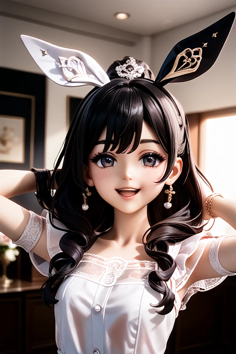 high quality detailed、Figures on display、dramatic lighting、upper body、3D Figure (3Dレンダリング, アンリアルエンジン:1.35)、3Dフィギュア人形 、7等身、standing pose、(顔は立体的:0.5) 、宝鐘マリン Bust female ponytail black hair Slanted Eyes Dark Eyes 眉毛はハの字 jolly、happy/happiness、cheerful、Japanese high school girl、