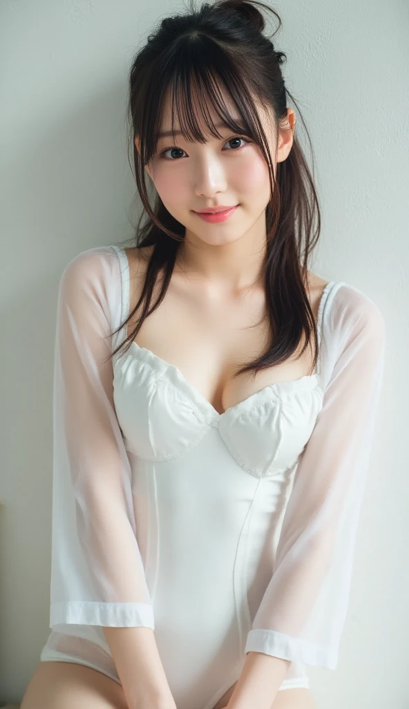 ((Highest quality)), ((masterpiece)), (detailed),Japanese,12 years old,Girl,(naked),(Childless face),Blue Eyes,smile,Ocean,Bob Hair,Embarrassed,See-through,White shirt,Sheer breasts,Small breasts,