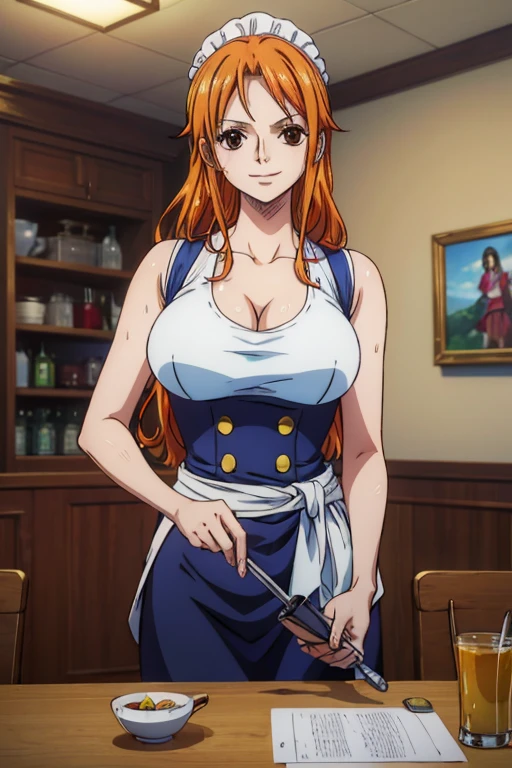 very tempting pose, (maiden dress), (maiden hat on her head), at luxury kitchen, (luxury kitchen background), mature women, takeda hiromitsu style, anime cels style, best quality, high resolution, (huge breasts:1.3), cowboy shot, (potrait body), blush, smiling, blue eyes, Blonde hair, bangs,Long_hair, 1 girl, looking at viewer
