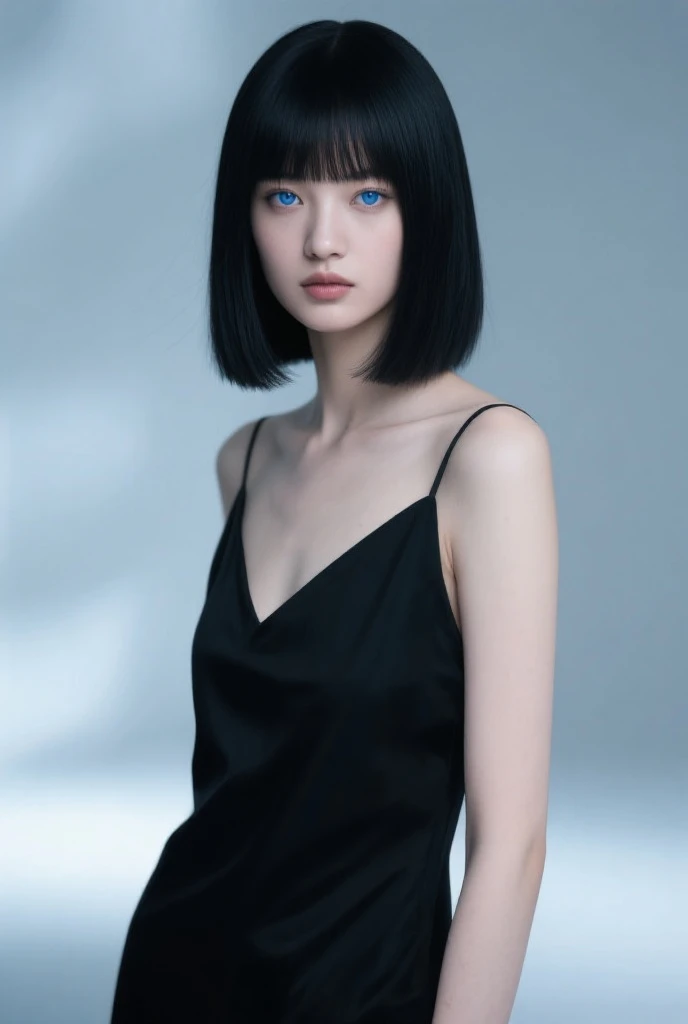 Pale teenage girl with silky black hair and bangs above her eyebrows, with small pink lips and a small, thin potato nose and light green eyes, taking a photo distractedly with a white dress and good quality