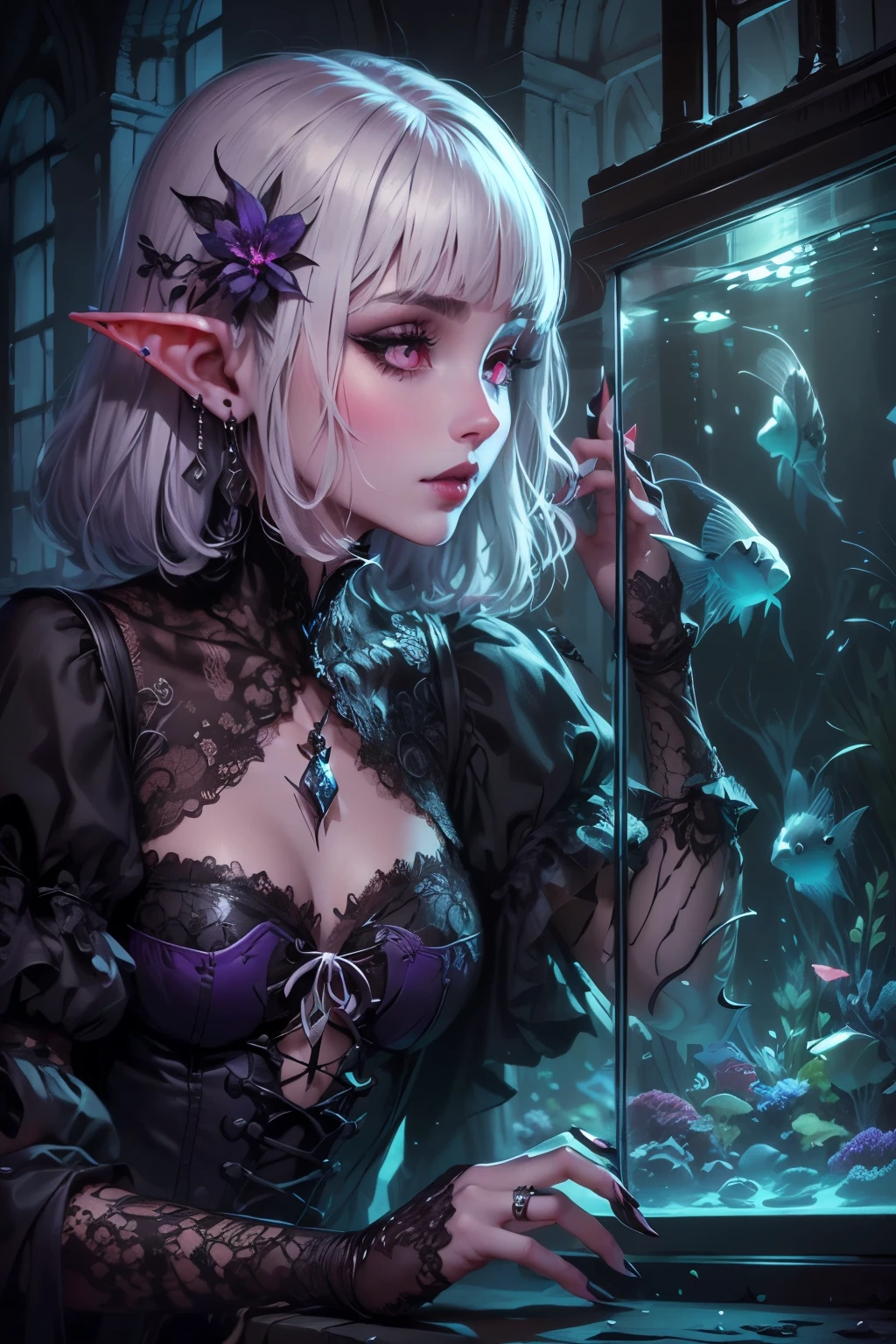 (Ultra-detailed face, Looking Away, Gothic Illustration, Dark Tone Colors. One thumb and four fingers.) , BREAK
(A young female dark elf sorceress is in a very dark medieval Italian cathedral-style aquarium. A fantastic space. She peers curiously into the aquarium where colorful glowing deep-sea creatures are swimming. She is wearing a velvet Victorian lace-up dress draped in jet black with silver thread lace and embroidery.) , BREAK
(The female young dark elf has white hair and white eyebrows, blunt bangs, medium hair to her shoulder, small pink lips, lavender eyes, dark purple skin, and dark eyeliner.)