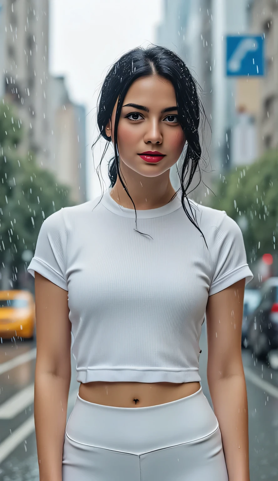 a beautiful woman, stands city during drizzling rain, body and face facing the camera, white color short sleeve slimfit shirt, leggings in white, big , red lips,