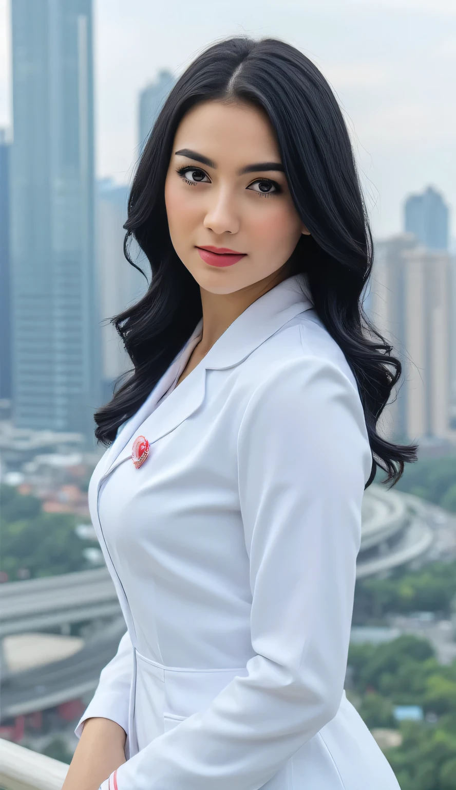 a beautiful woman, standing tall in the city, body and face facing the camera, white strict nurse uniform, big , red lips, long dark hair